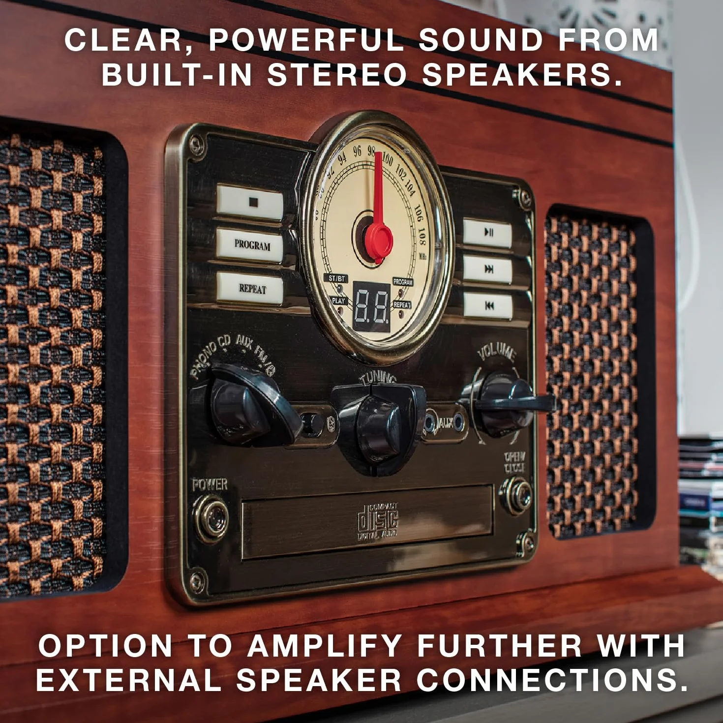 Victrola The Quincy – Gramofon Bluetooth 6 w 1 z wbudowanymi głośnikami, talerz obrotowy 3 prędkości, odtwarzacz CD i kaset, radio AM/FM, bezprzewodowe przesyłanie muzyki (Mahogany)