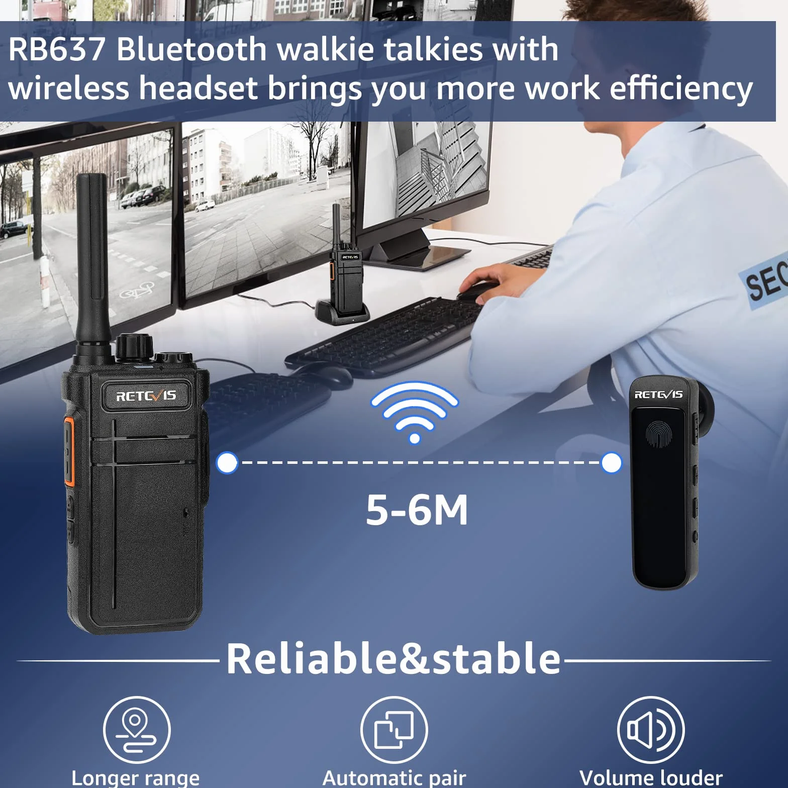 Retevis RB637 Walkie Talkie, PMR446 Profesjonalne 2-kierunkowe radio z bezprzewodowym zestawem słuchawkowym, 2000 mAh, VOX, bezprzewodowe dwukierunkowe radia (czarne, 4 sztuki)