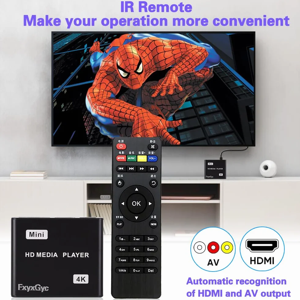 Odtwarzacz multimedialny HDMI, cyfrowy odtwarzacz multimedialny 4K Ultra HD, obsługuje dysk USB, kartę SD, wyjście 4K przy 30 Hz, dekodowanie H.265/H.264/AVC MP4/MKV/MP3/TS/Rmvb/Mov/JPG do odtwarzania