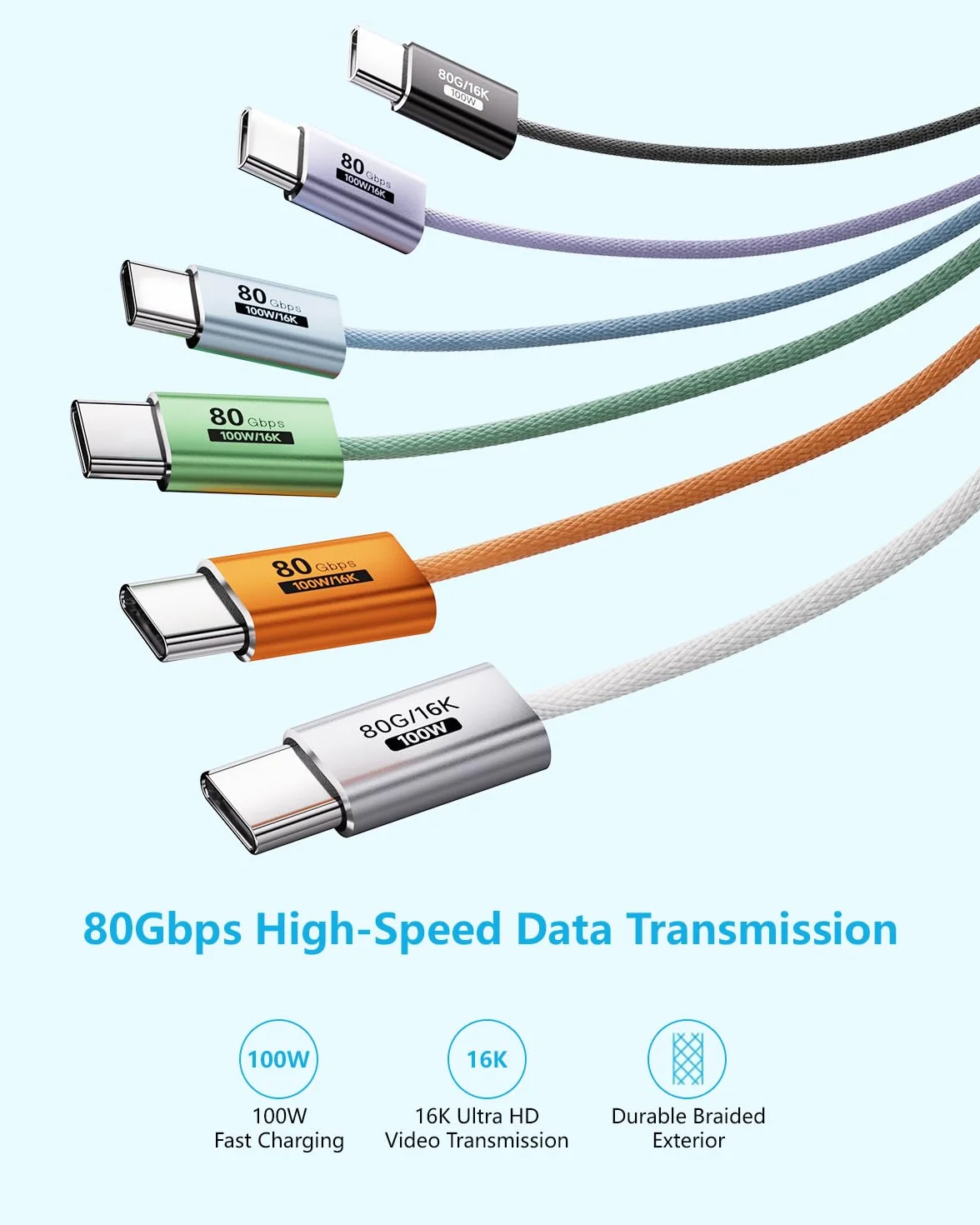 Fioletowy, 2 sztuki kabla USB typu C 80 GB/s, kompatybilny z Thunderbolt 5/4/3, elastyczny kabel USB C 100 W, 16K, 8K, 4K, do monitora, tabletu, dokowania, wyświetlacza, laptopów, dysków SSD