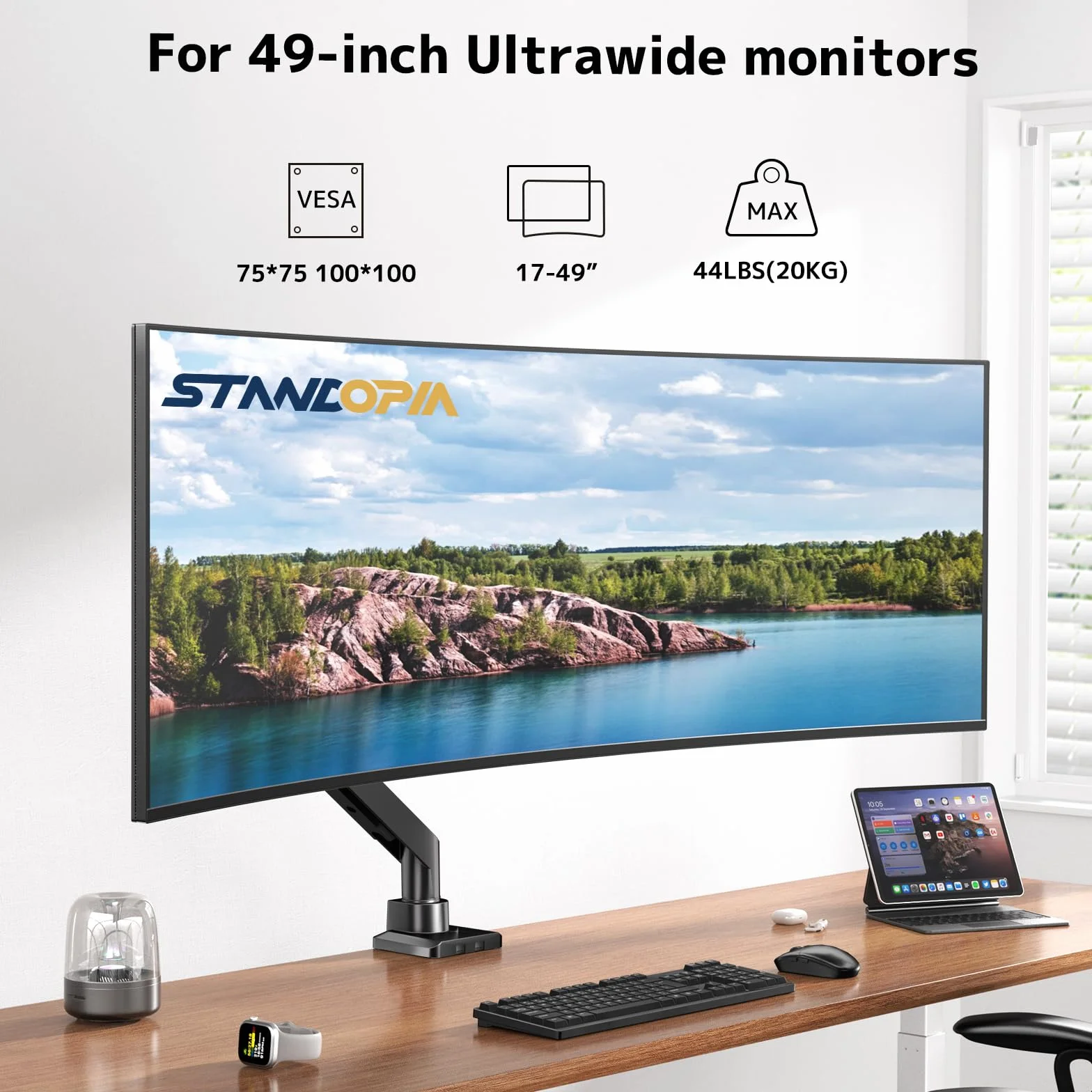 Ramię Monitorowe do Monitorów 17-49 cali - na Poduszce Gazowej z Regulacją Wysokości, Odchylane, Obrotowe - Kompatybilne z Ultrawide - Max 20 kg - VESA 75/100 - Czarne