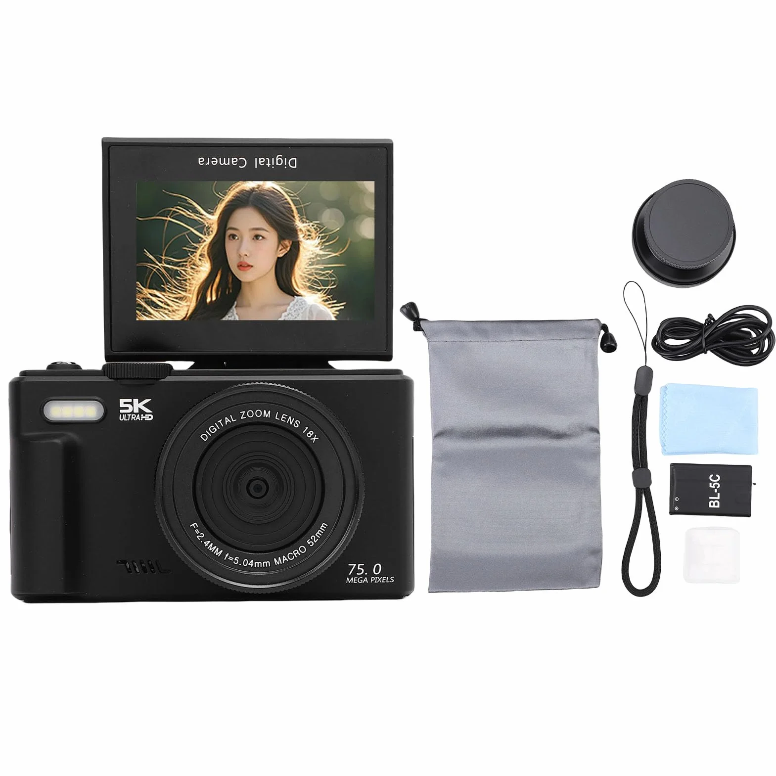 Asixxsix Aparat cyfrowy 5K, aparat podróżny z zoomem 18x i rozdzielczością 75 MP, WiFi, 3-calowym ekranem obracanym o 180 stopni i lampą LED, do robienia selfie podczas podróży (BLACK)