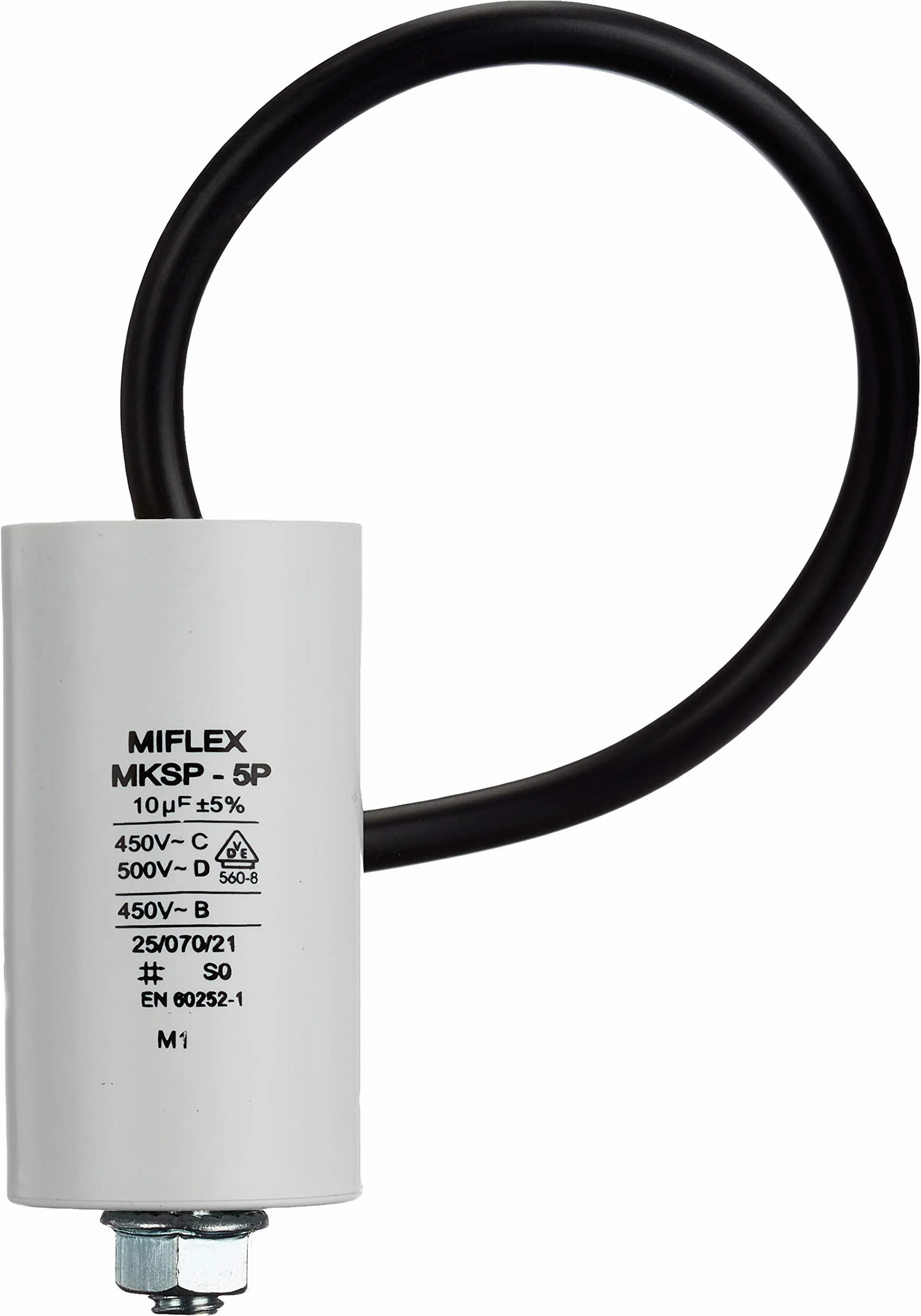 Miflex kondensator rozruchowy silnika 10 μF, 450 V, 35 mm x 65 mm, kabel: M8
