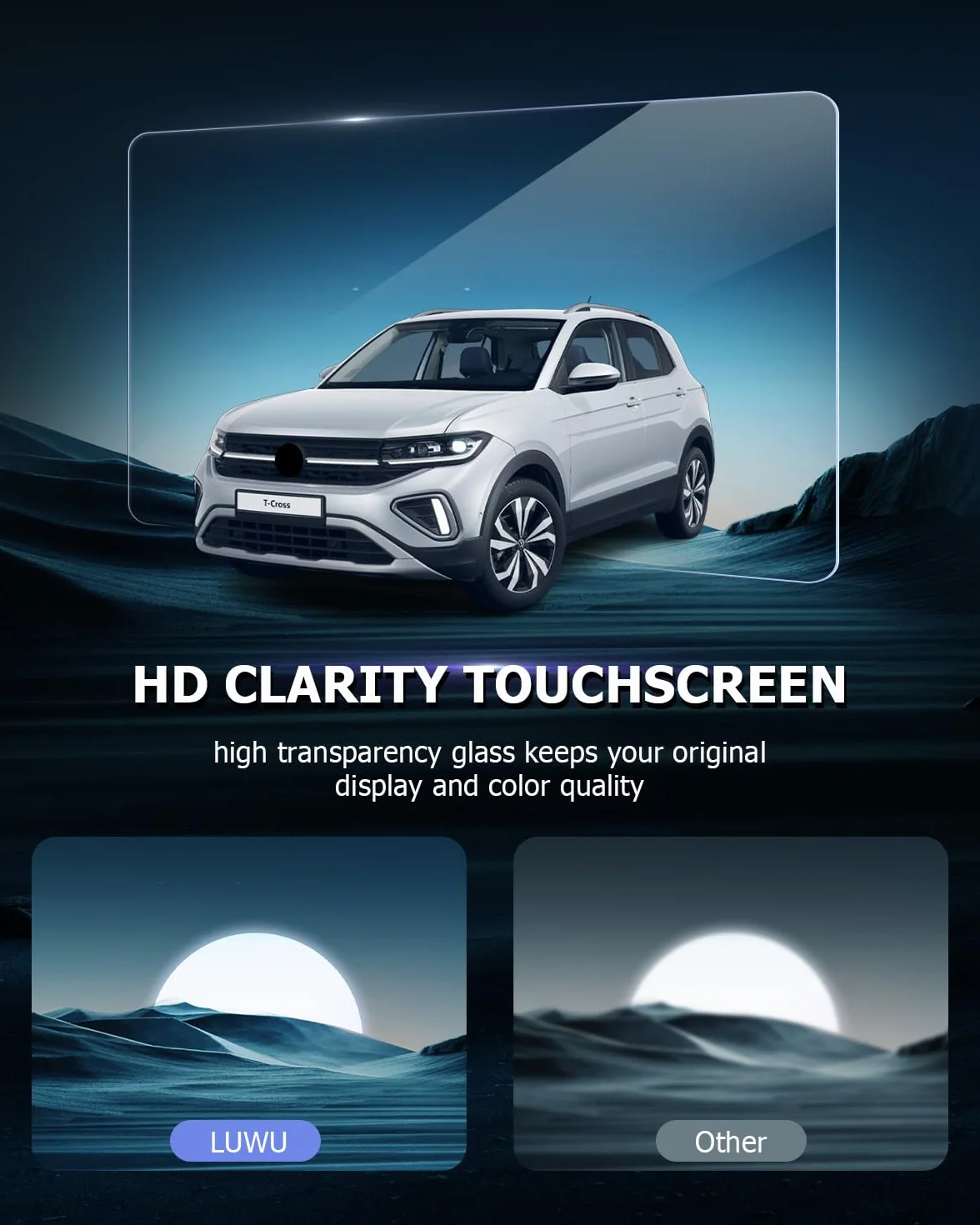 LUWU Folia ochronna na wyświetlacz kompatybilna z VW T-Cross T Cross 2019-2024, 8 cali, szkło hartowane, folia ochronna na wyświetlacz 9H, odporna na zarysowania, T-Cross 2024, akcesoria