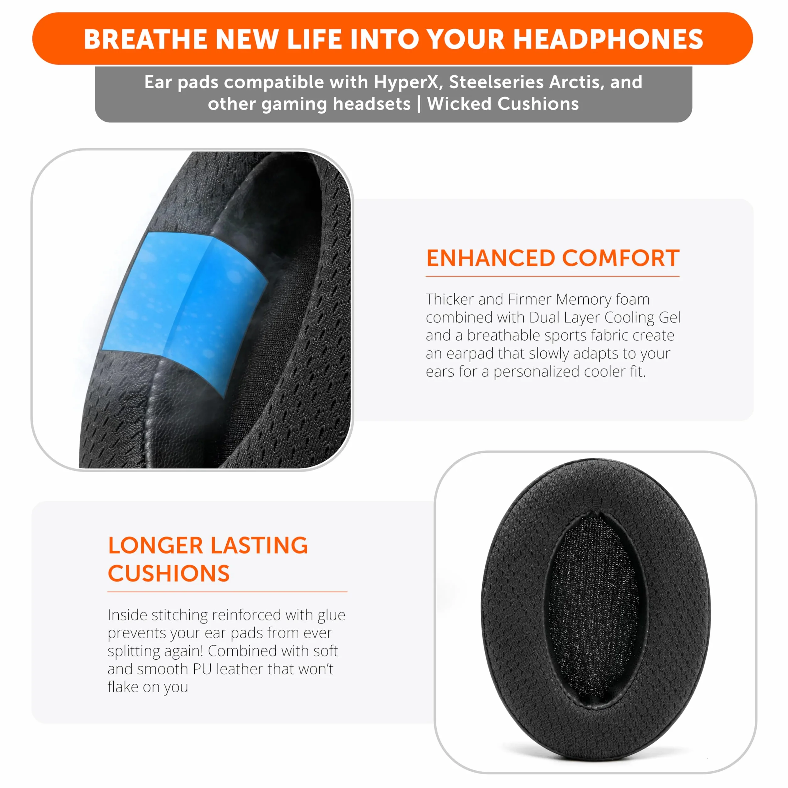 WC FreeZe Hybrid Fabric Cooling Gel Replacement Earpads for ATH M50X - kompatybilne z ATH M40X / M50XBT / HyperX Cloud 1 i 2 / SteelSeries Arctis 3/5 / 7 / 9X & Pro/Stealth 600 i innymi (czarne)