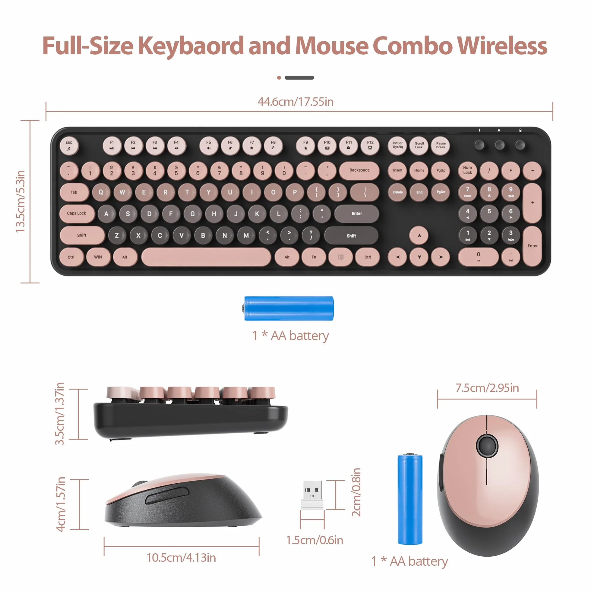 Bezprzewodowa klawiatura myszy, okrągła klawiatura retro maszyna do pisania, urocza klawiatura komputerowa 2,4G, amerykańska QWERTY, bezprzewodowa ergonomiczna klawiatura z 104 klawiszami