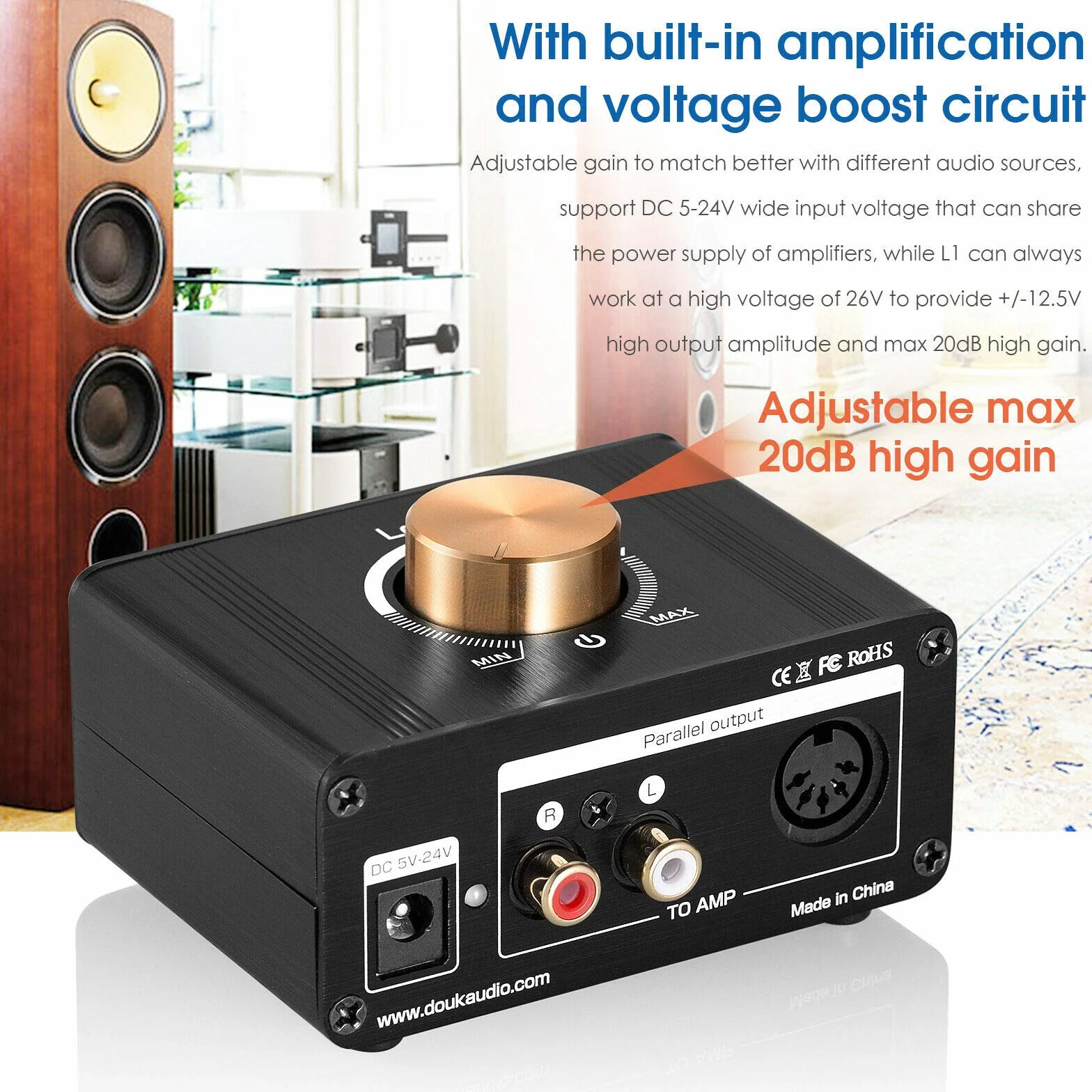 Mini wzmacniacz liniowy stereo boost preamplifier audio dla MP3, iPod, iPad, iPhone, wzmocnienie 20dB + regulator głośności