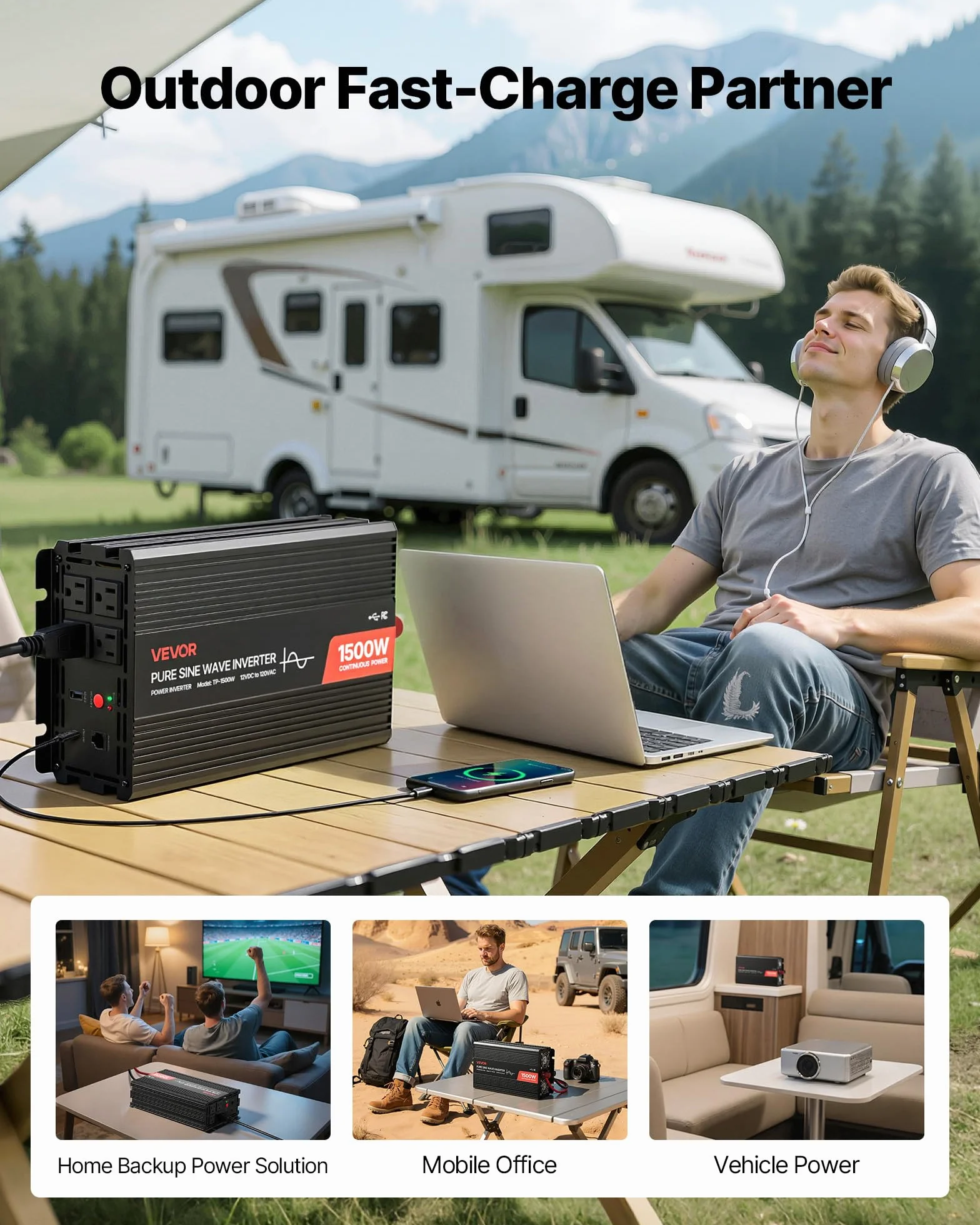 VEVOR Falownik prądu 1500 W, falownik sinusoidalny 12 V DC na 230 V AC, konwerter ładowarki samochodowej z pilotem zdalnego sterowania, portami USB i typu C, 2 gniazda AC do kampera