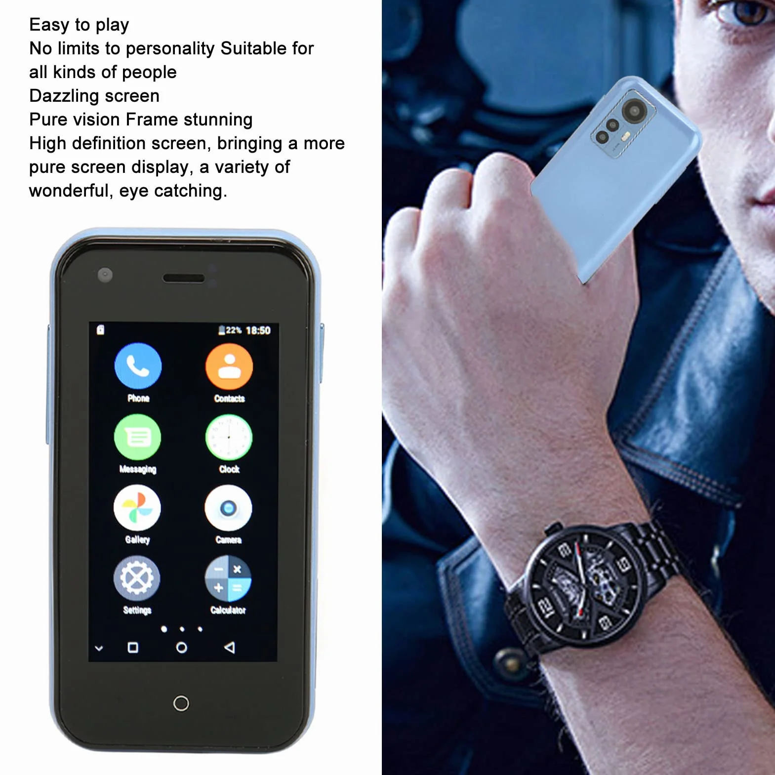 Mini Smartfon 3G, Mini Telefon Komórkowy Soyes D18 Czterordzeniowy 1 GB 8 GB do Domu dla Studentów (Jasnoniebieski szary)