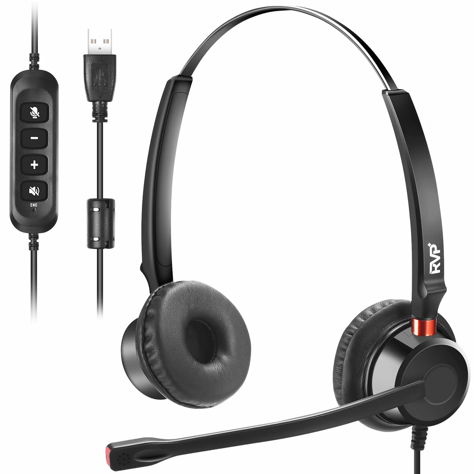 RVP+ Stereofoniczny zestaw słuchawkowy USB z redukcją szumów środowiskowych (ENC), przewodowy zestaw słuchawkowy z mikrofonem, zestaw słuchawkowy Call Center do laptopa - czarny