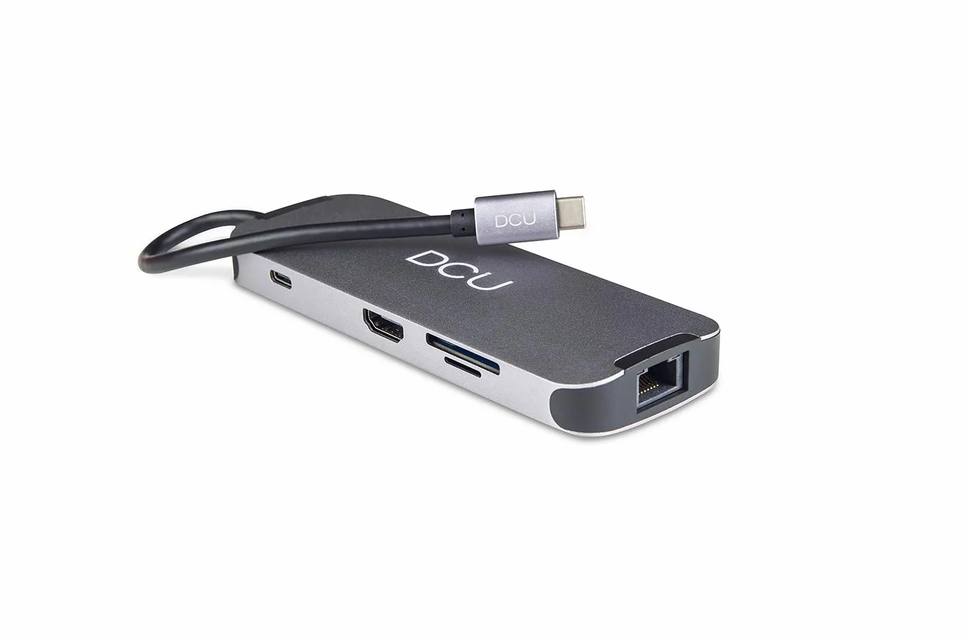 DCU Technologic | Adapter HUB USB C na HDMI, Audio Jack 3.5mm, 3*USB 3.0 Super Speed 5Gbps, RJ45 Gigabit Ethernet, Czytnik SD i TF, USB-C Kobieta Zasilanie | 100W