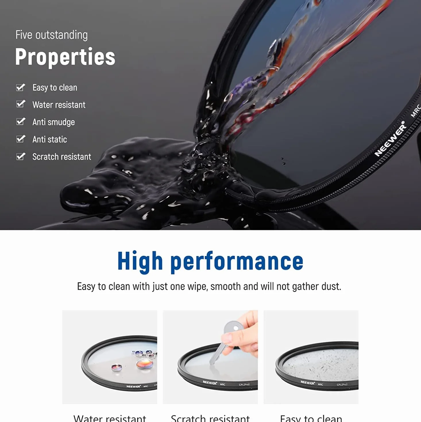 NEEWER Filtr polaryzacyjny 62 mm, filtr CPL z 30 warstwami wielowarstwowo powlekana folia polaryzacyjna, zmniejsza odblaski/poprawia kontrast/ultracienkie/szkło optyczne HD do obiektywu aparatu 62 mm