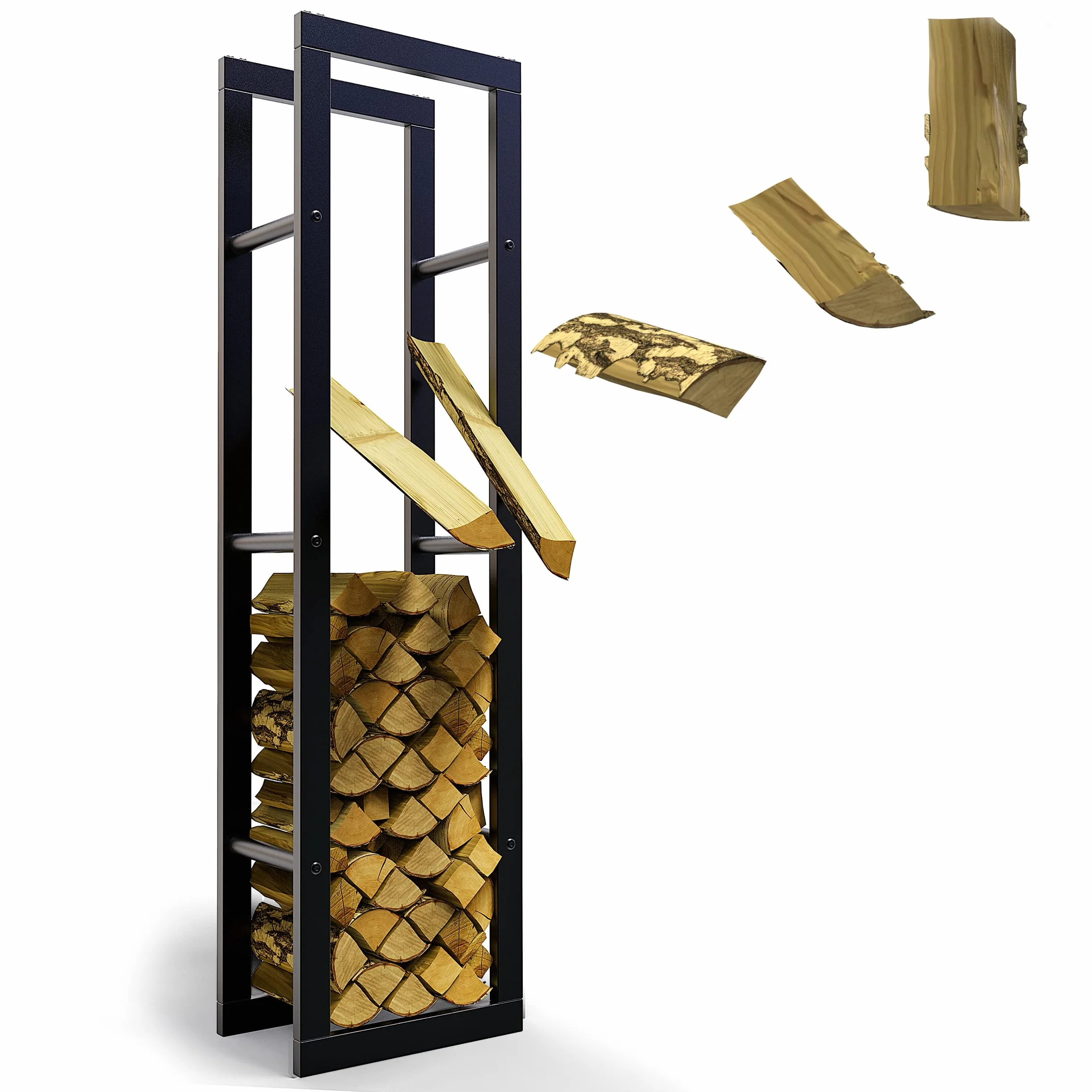 Metalowy regał na drewno kominkowe, ocynkowany, 40 x 25 x 150 cm, regał na drewno opałowe, do użytku wewnątrz i na zewnątrz, regał na drewno kominkowe, do salonu, czarny