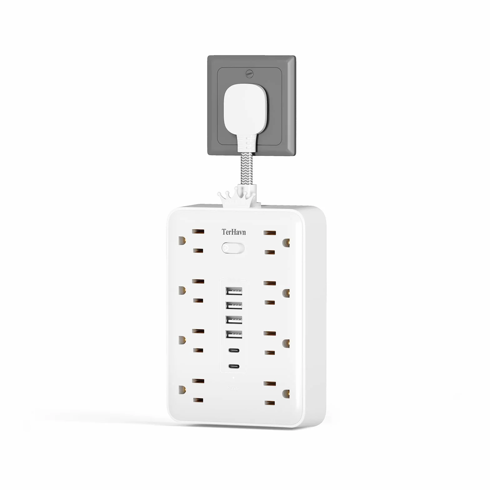 Ultra cienka płaska wtyczka, zabezpieczenie przed przeciążeniem, listwa zasilająca z 8 gniazdami AC, 6 USB (2 USB C) do domu, biura, sypialni, podróży, niezbędników, 15 A, 1875 W UL