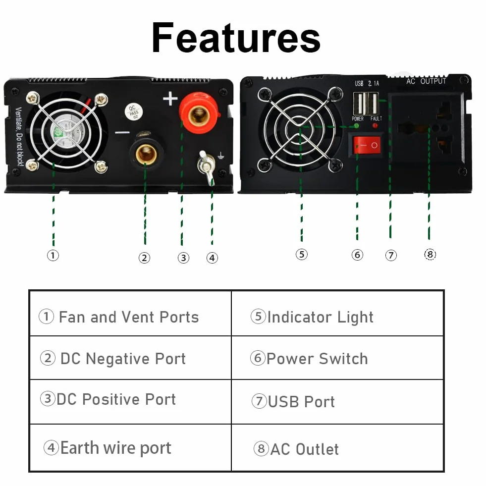 SolaMr 800W przetwornica napięcia DC 12V na AC 220V/240V z wyświetlaczem LCD i portami ładowania USB do systemów montowanych w pojazdach i na kempingach - 800W