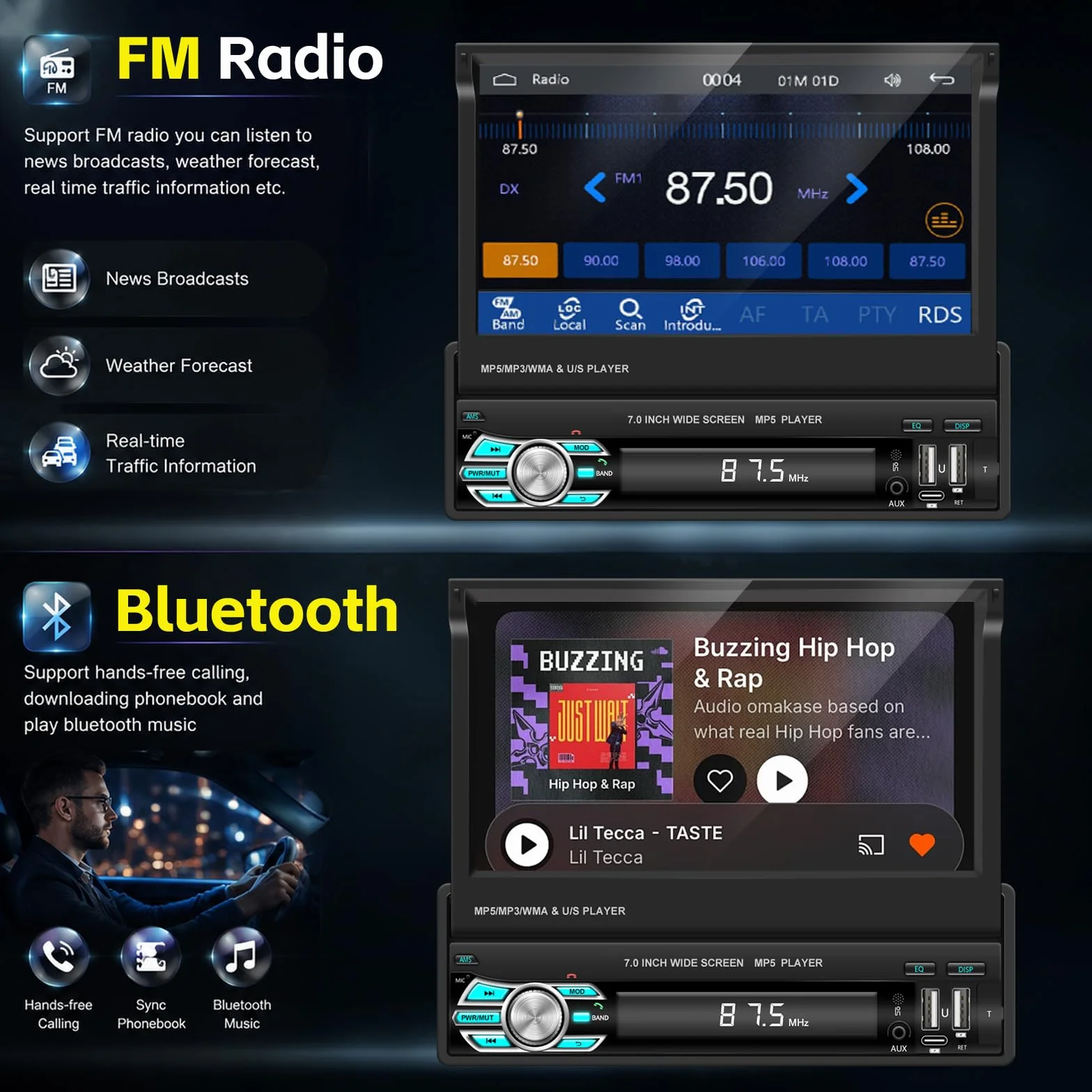 Rozkładane radio samochodowe z ekranem dotykowym z funkcją bezprzewodowego CarPlay i Android Auto | 1 Din 7-calowe radio samochodowe z Bluetooth/Mirror Link/FM/USB/SWC + kamera cofania 12 LED