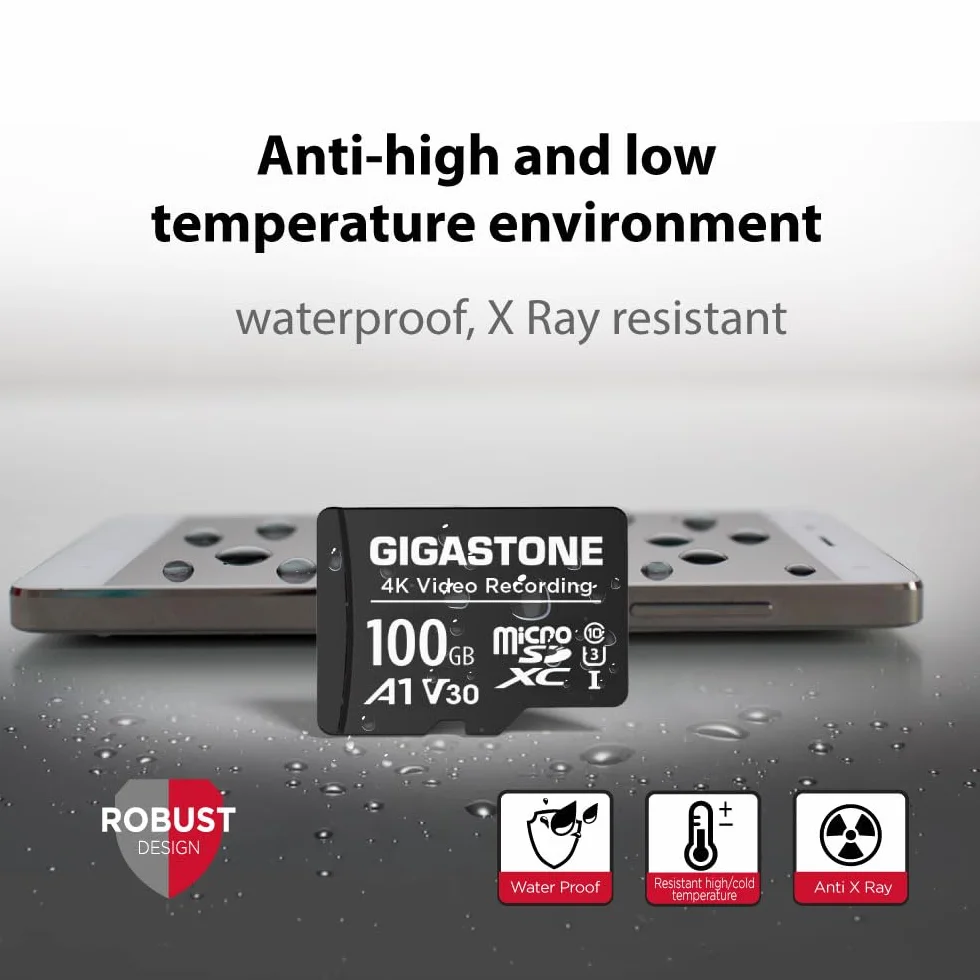 GIGASTONE Karta micro SD A1 V30 4K 100 GB, nagrywanie wideo, kompatybilna z kamerą bezpieczeństwa, kamerą pokładową, dronem, kartą pamięci microSDXC 100 MB/s UHS-I z adapterem