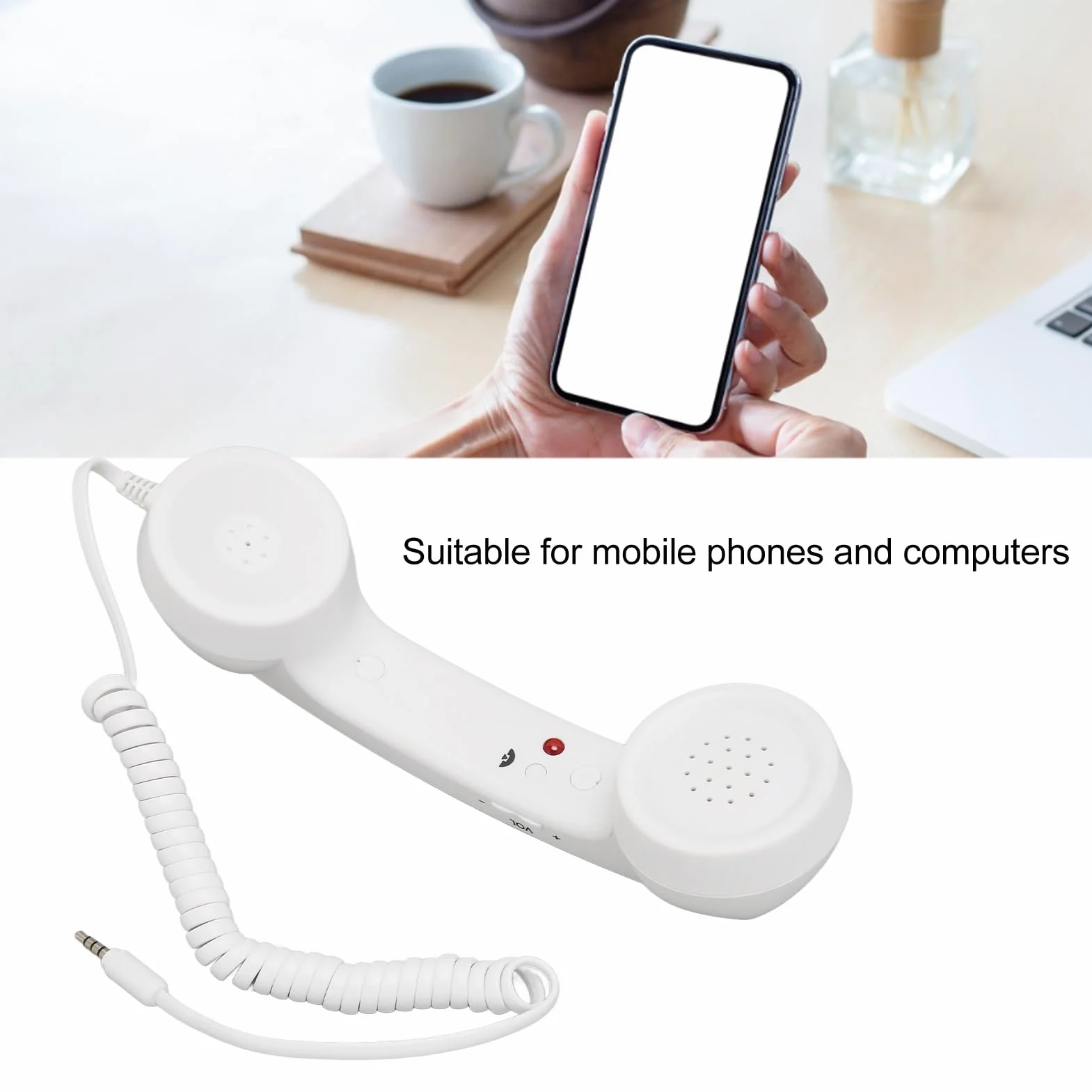 Słuchawka Telefoniczna Retro 3,5 Mm, Odporny na Promieniowanie Przewodowy Odbiornik Telefonu Komórkowego Mikrofon do Wszystkich Smartfonów i Komputerów z Gniazdem 3,5 Mm (WHITE)