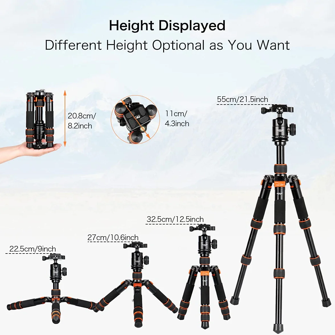 Koolehaoda Mini statyw do kamery podróżnej 55 cm z głowicą kulową 360°, aluminiowe kompaktowe statywy biurkowe do kamery DSLR, obciążenie do 10 kg