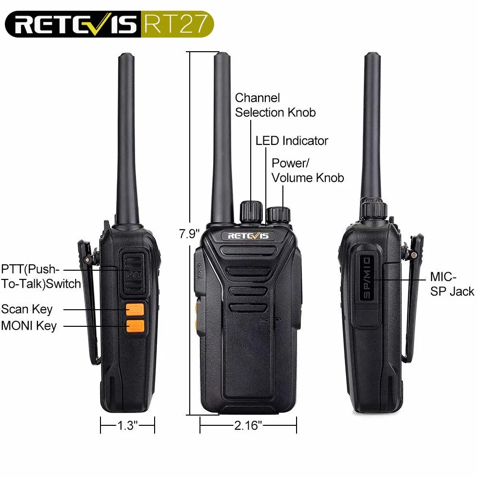 Retevis RT27 Handheld Walkie Talkies Akumulator Dalekiego Zasięgu 2-Drożny z CTCSS/DCS VOX do Airsoft Hiking Festival Planowanie Komunikacja Bezpieczeństwa (5 SztCzarny)