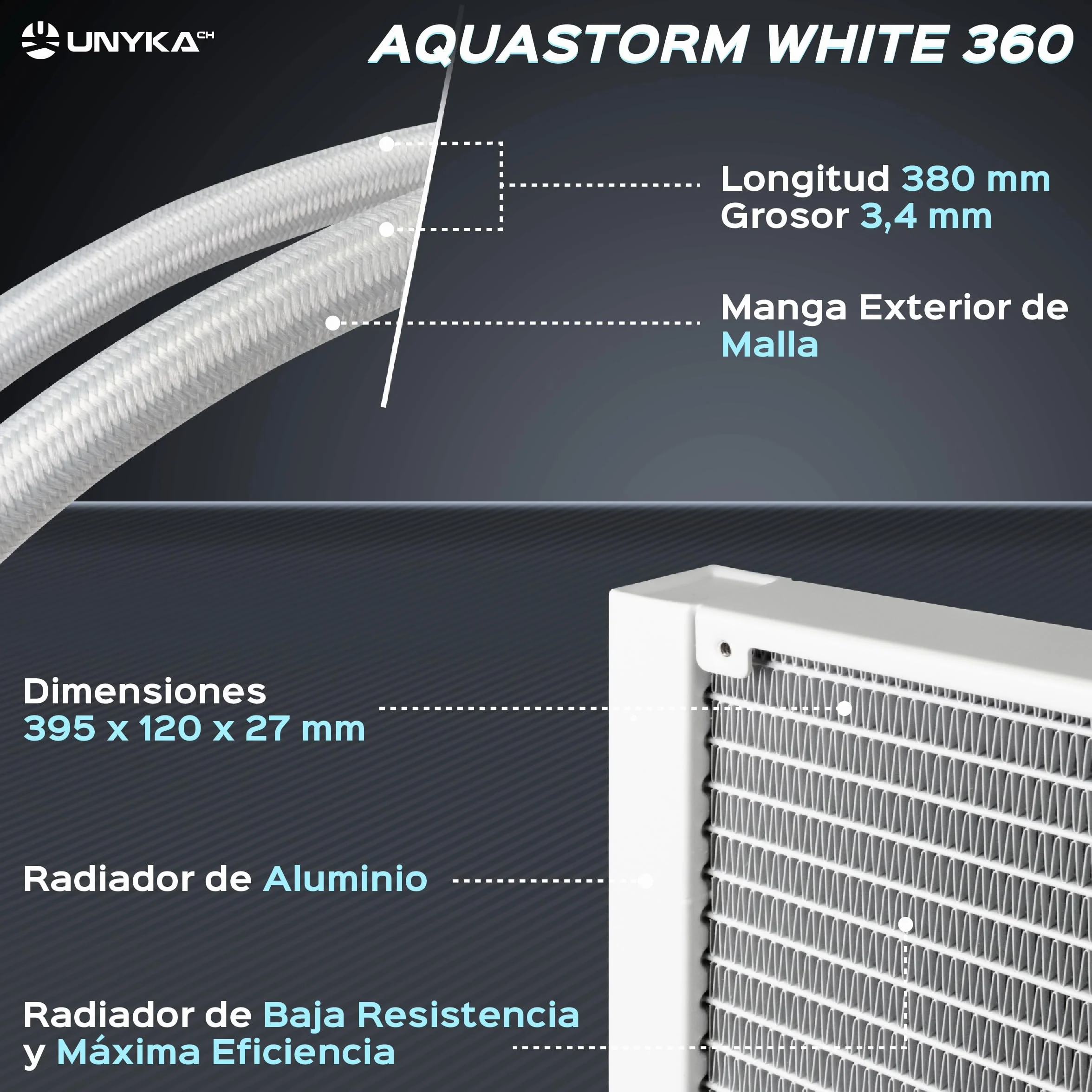 UNYKAch AQUASTORM CPU Chłodzenie cieczą White 360 Cicha pompa, wyświetlacz temperatury procesora i trzy wentylatory RGB z czujnikiem PWM | Cicha pompa, wyświetlacz temperatury CPU, trzy wentylatory RGB, system kontroli temperatury PWM