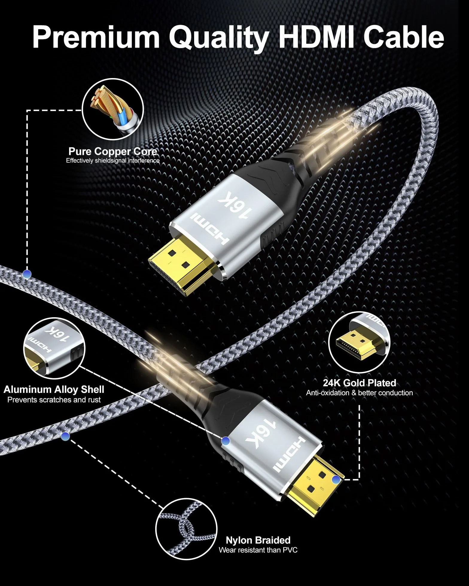 Kabel HDMI 2.2, 16K, 10K, 8K, 96 Gb/s, ultra wysoka prędkość 16 przy 60 Hz, 8K przy 240 Hz, 4K przy 480 Hz, pleciony przewód HDMI, HDCP 2.2 i 2.3, Dynamic HDR, eARC, kompatybilny z monitorem