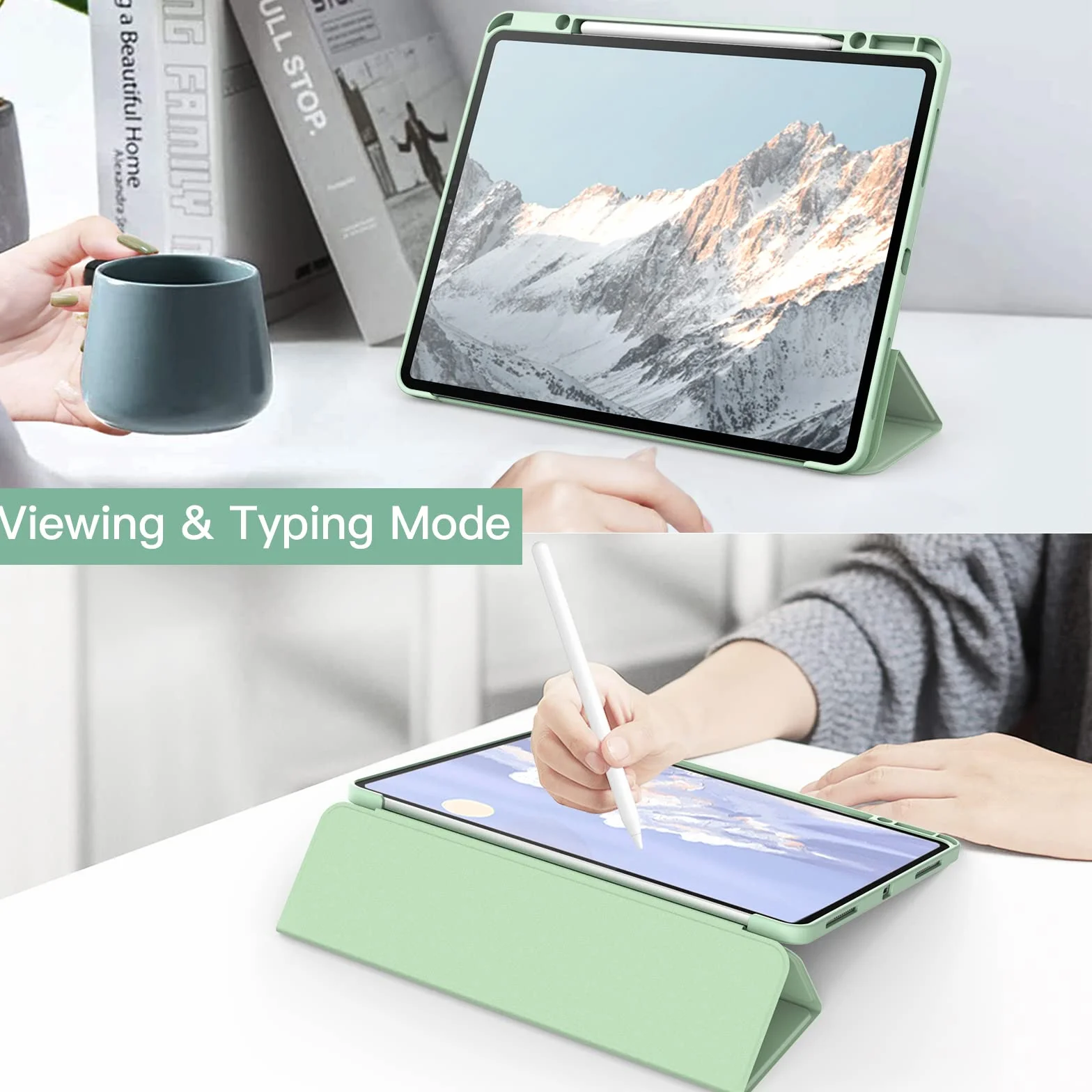 JETech Etui dla iPad Pro 12,9 Cala (2022/2021/2020/2018) z Pencil Uchwyt, Wyczyść Przezroczysty Tył Obudowa Slim Podstawkę Odporna na Wstrząsy Obudowa Tabletu Case (Matcha Zielona)