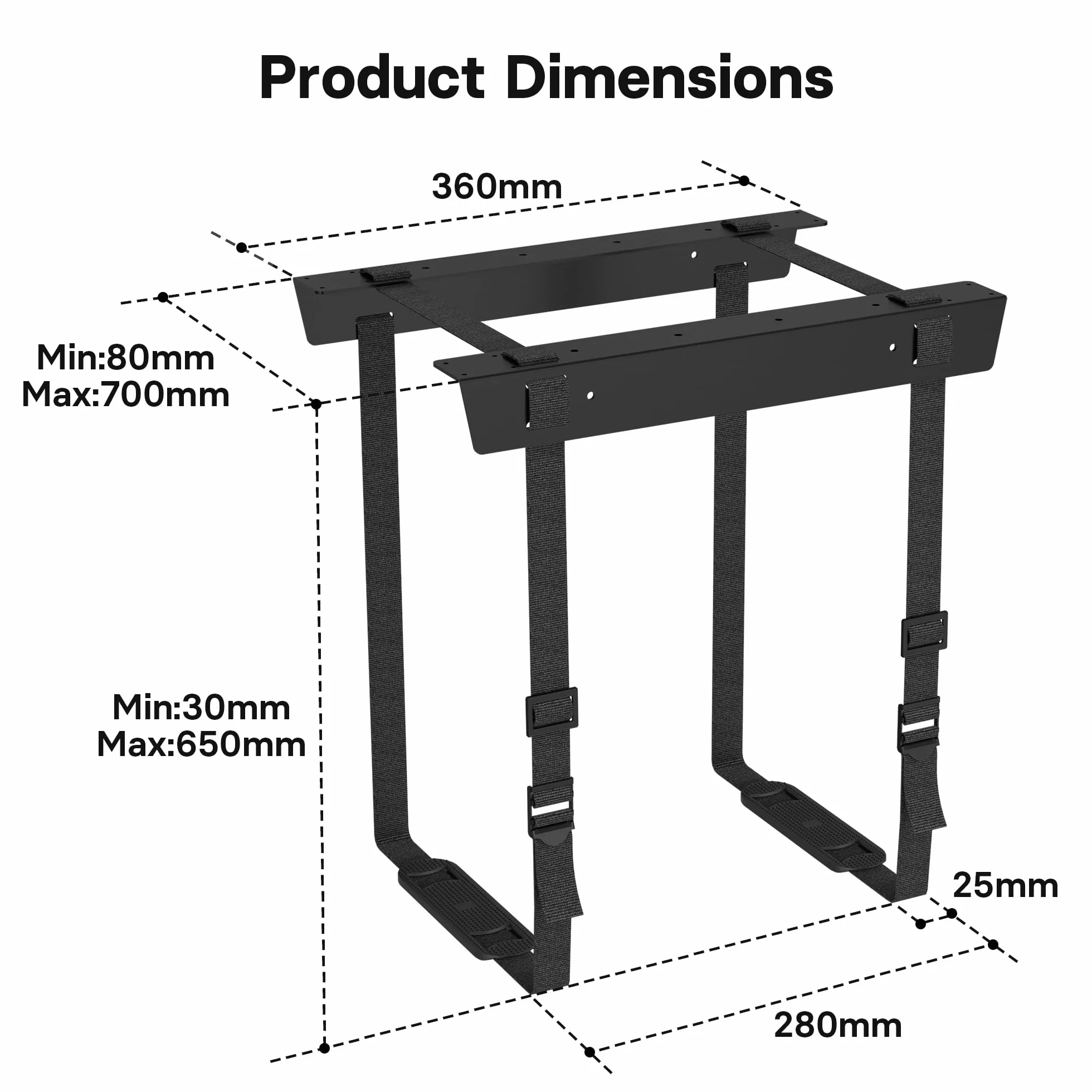 BONTEC Regulowany Montaż PC pod Biurkiem, Uchwyt Komputerowy na CPU, Antykorozyjny Stalowy Stelaż z Regulowanymi Paskami 178 cm, Nośność do 20 kg, Oszczędność Miejsca i Lepsza Wentylacja