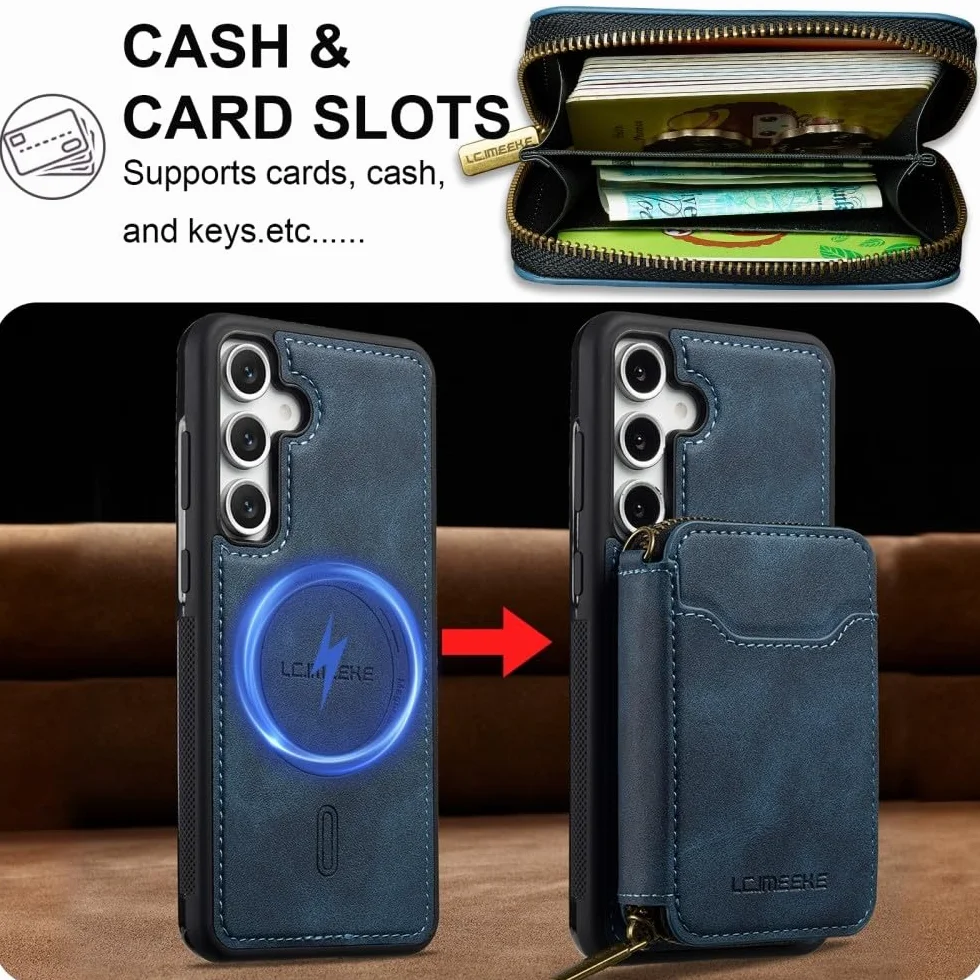 Generic etui kompatybilne z Samsung Galaxy S24 FE (kolor: ciemnoniebieski) magentny portfel pokrowiec na zamek błyskawiczny skórzany tył silikonowe etui z klapką