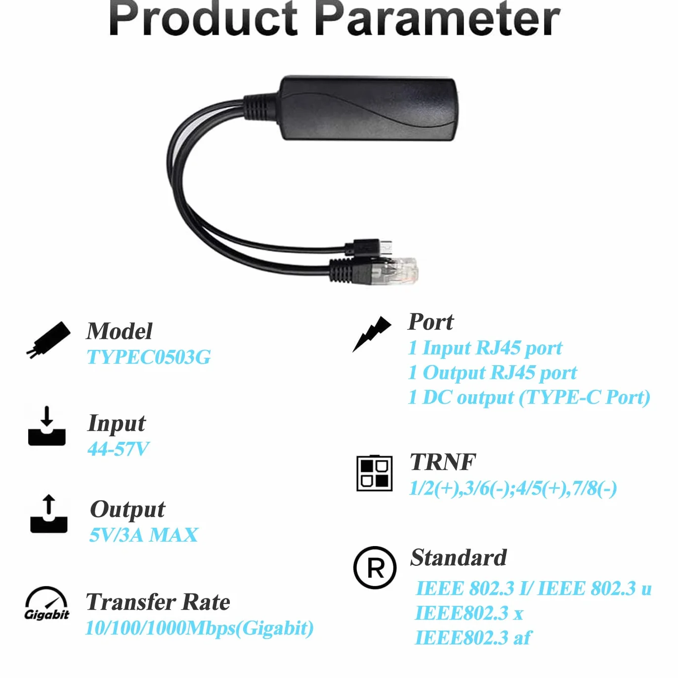 Rozdzielacz Gigabit Type C PoE 5 V 3 A, IEEE 802.3af/at Standard, 10/100/1000 Mbps Power Over Ethernet Splitter with RJ45 Port and TypeC rozdzielacz adaptera (TYPEC0503G Black)