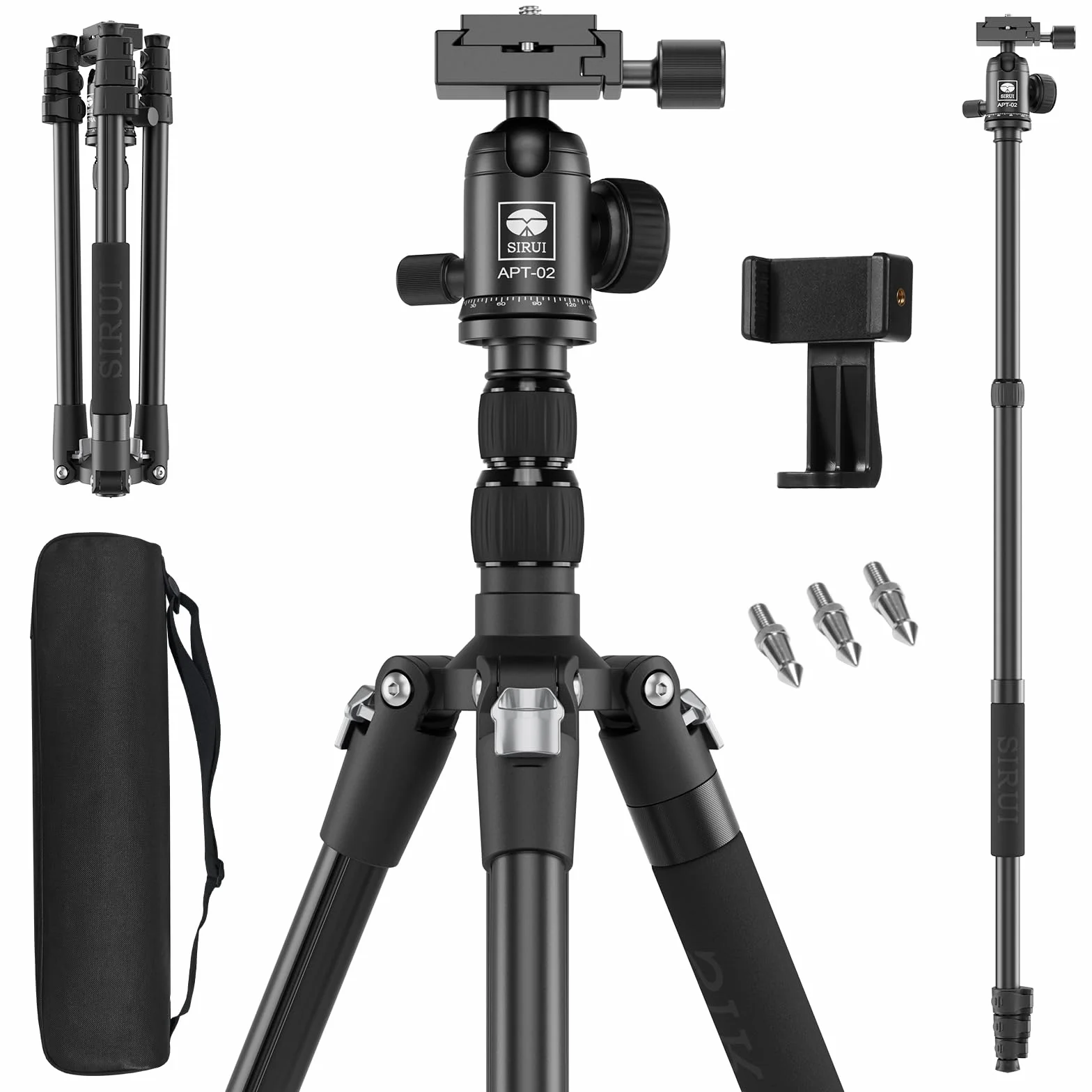 SIRUI APT-02 Statyw i monopod 2 w 1 z głowicą kulową 360°, wysokość 200 cm, nośność 10 kg, do lustrzanek cyfrowych, smartfonów i kamer Actioncam, zawiera uchwyt na telefon komórkowy i torbę