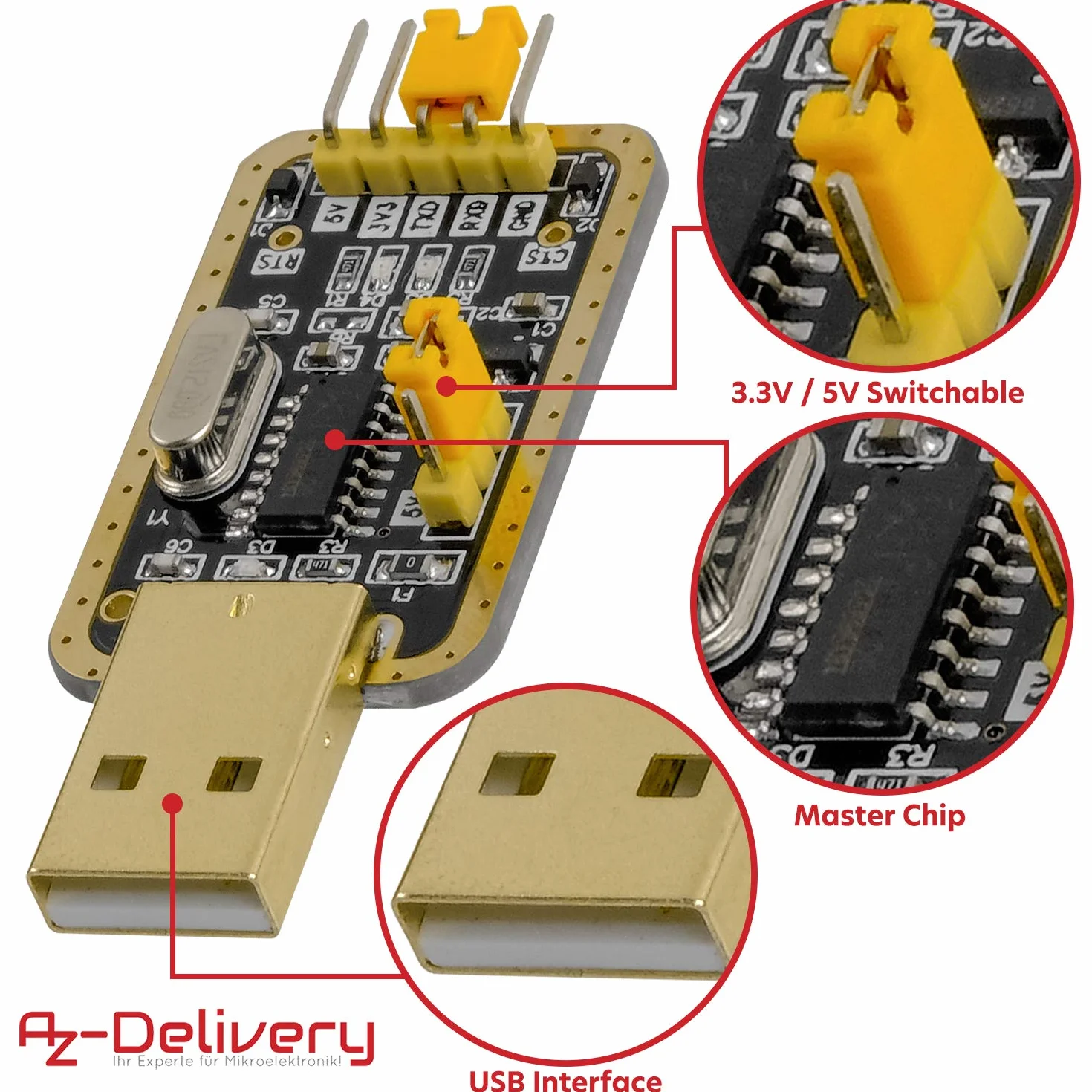 AZDelivery 5 x UART-TTL USB Adapter z konwerterem CH340G dla 3.3V i 5V z kablem jumper kompatybilny z Arduino i E-book w zestawie!