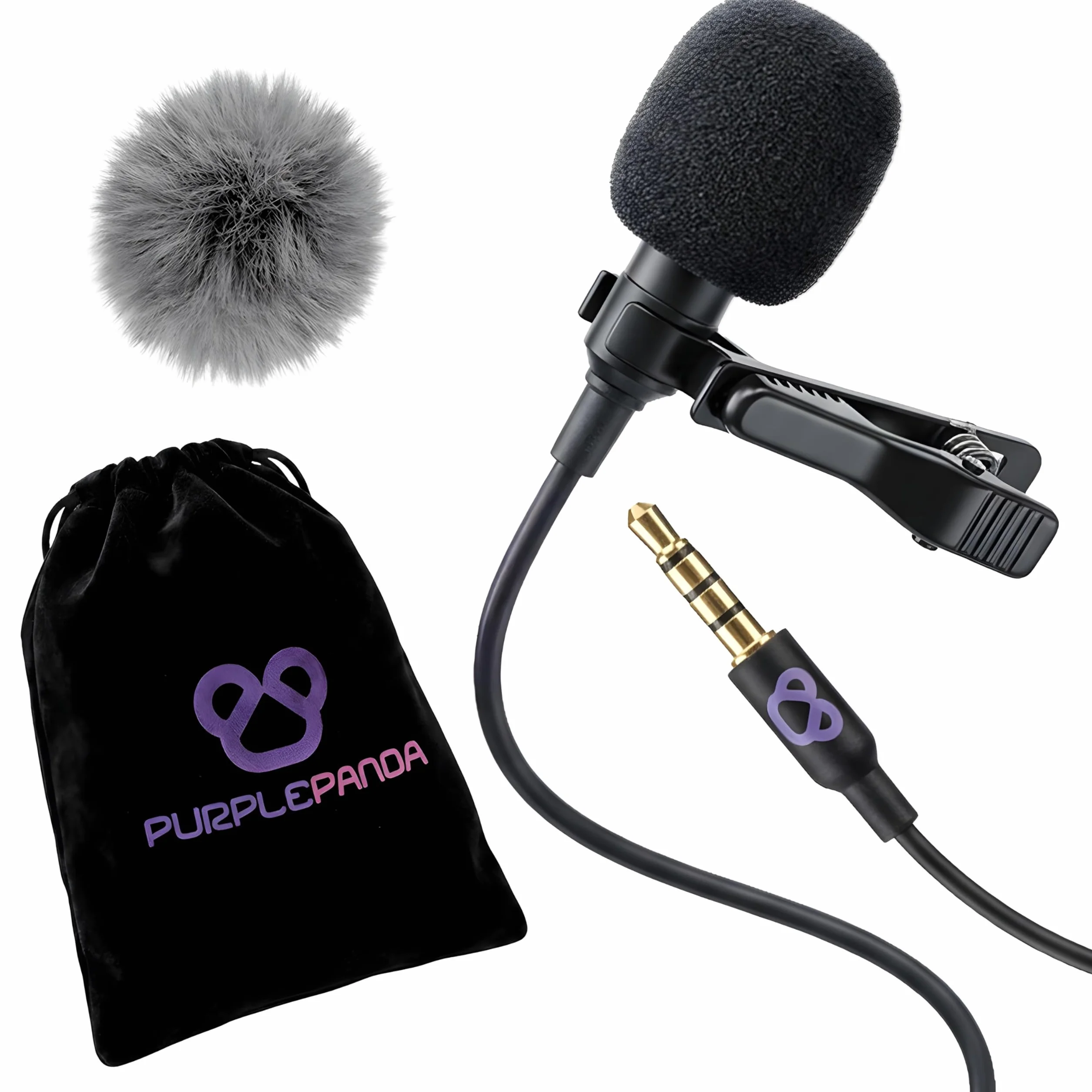 Purple Panda Zestaw mikrofonu do klapy Lavalier – Clip-on wielokierunkowy mikrofon pojemnościowy Lav kompatybilny z iPhone, iPad, GoPro, DSLR, Zoom/Tascam Recorder, Samsung, Android, PS4