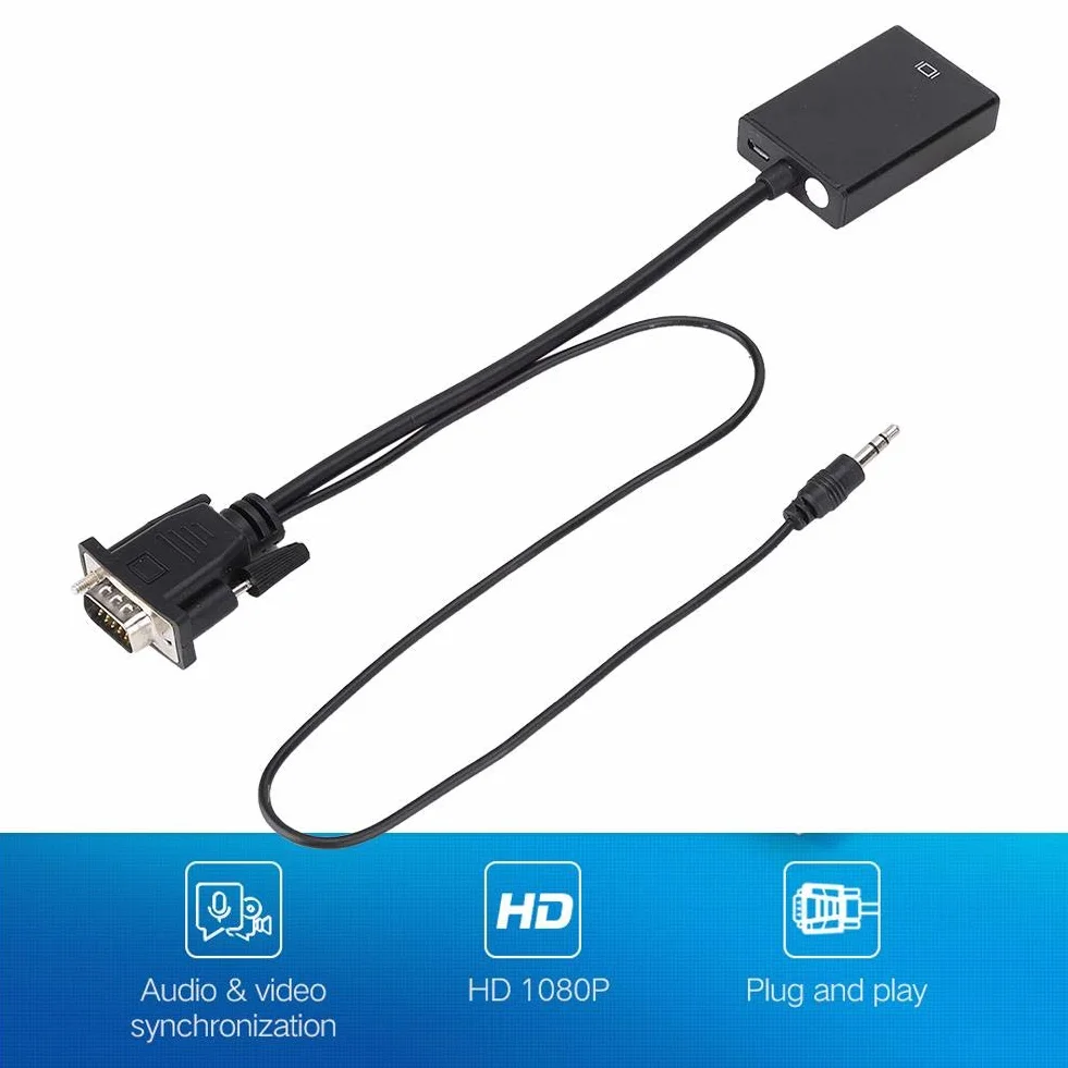 ASHATA Kabel konwertera VGA na HDMI, obsługa HD 1080P HDTV, transmisja audio USB