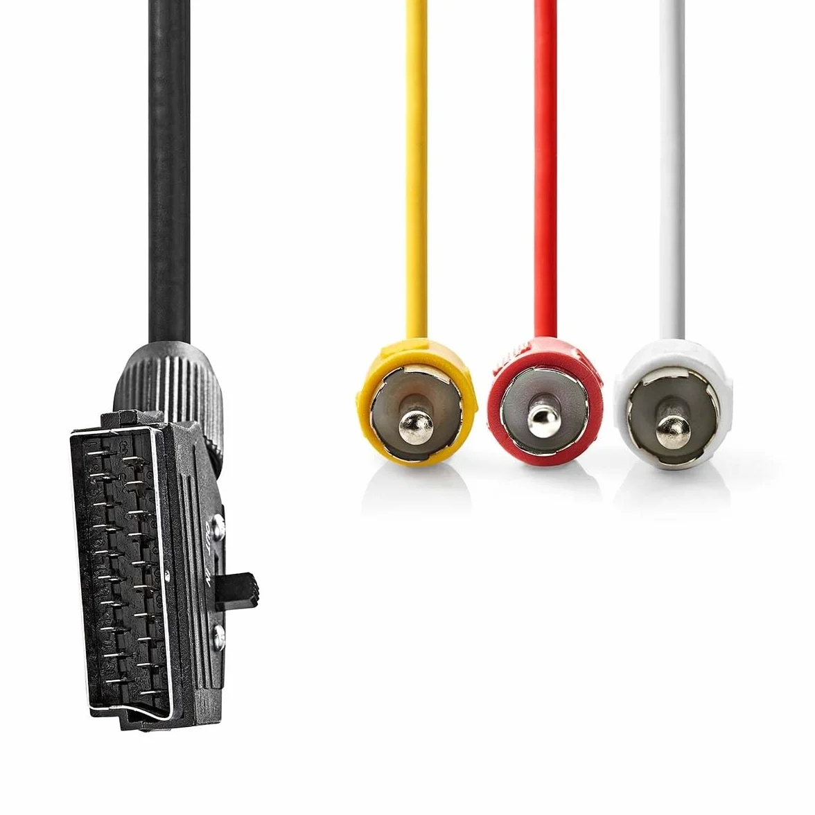 Nedis Kabel SCART - wtyczka SCART - 3 x wtyk cinch - niklowany - przełączany - 480p - 2,00 m - okrągły - PCW - etykieta