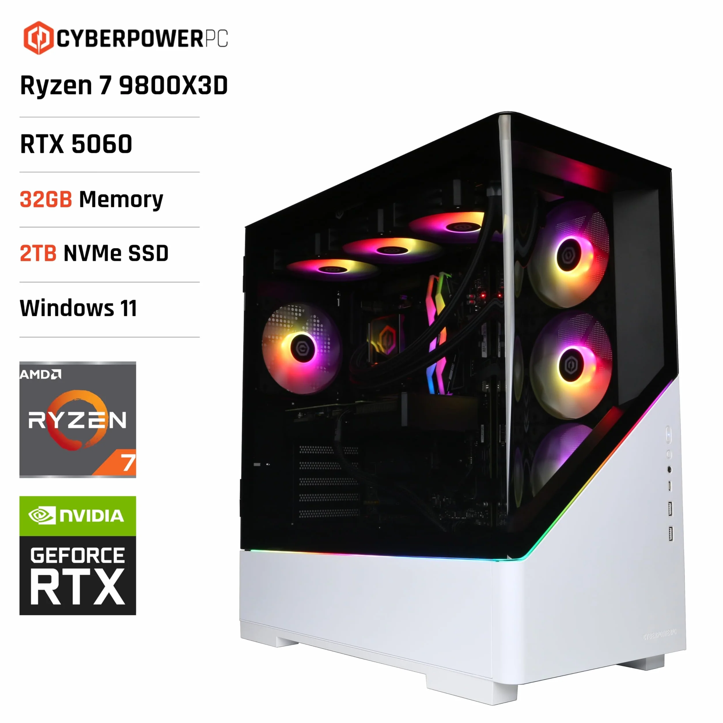 CyberPowerPC Luxe Gaming PC - AMD Ryzen 7 9800X3D, Nvidia RTX 5060, 32GB RAM, 2TB NVMe SSD, 650W PSU, Windows 11, Liquid Cooling, Amethyst Curve White