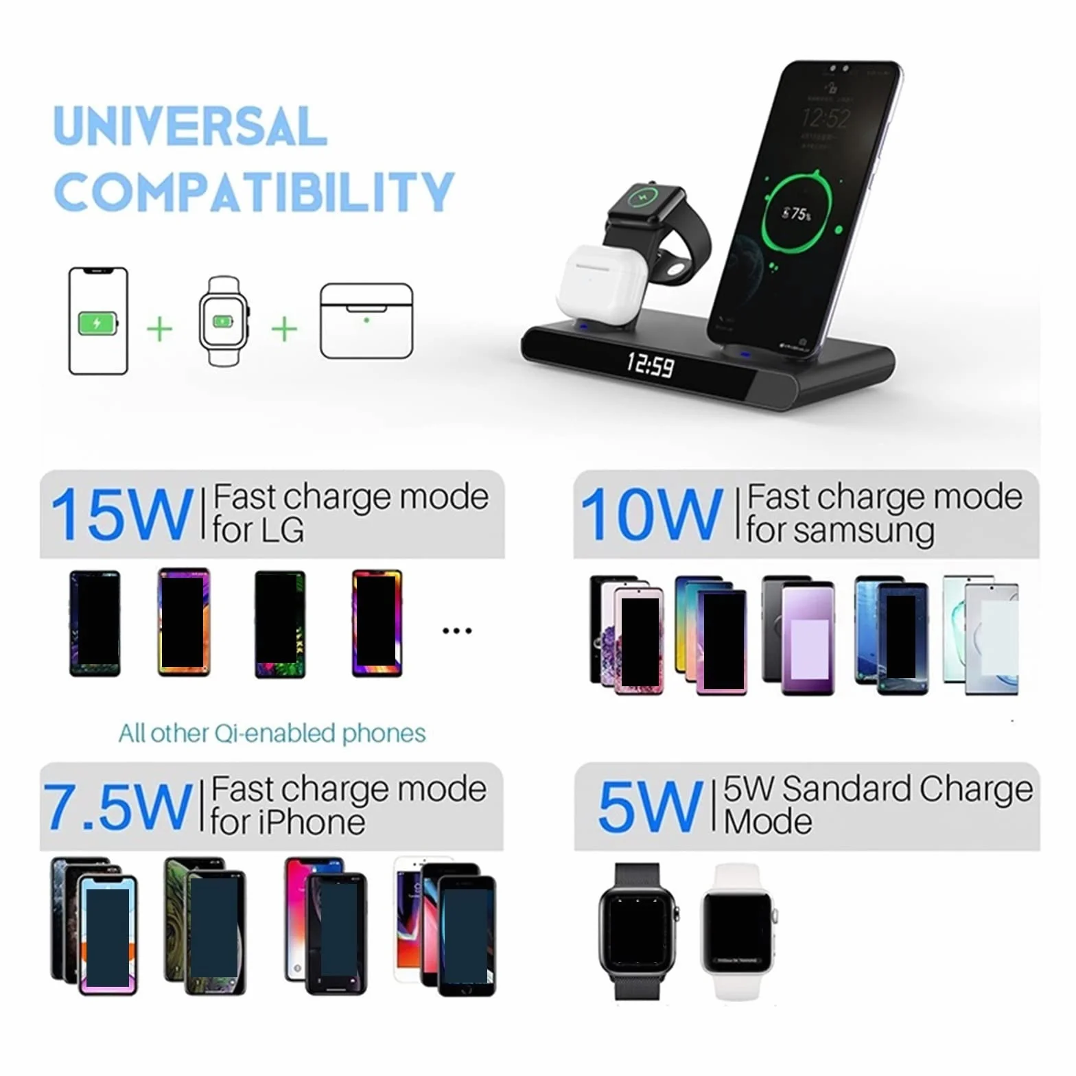 Stacja ładowania indukcyjnego 3 w 1 do zegarka Telefon 15 W Szybka ładowarka bezprzewodowa Zegar,Uniwersalna kompatybilność(Nero)