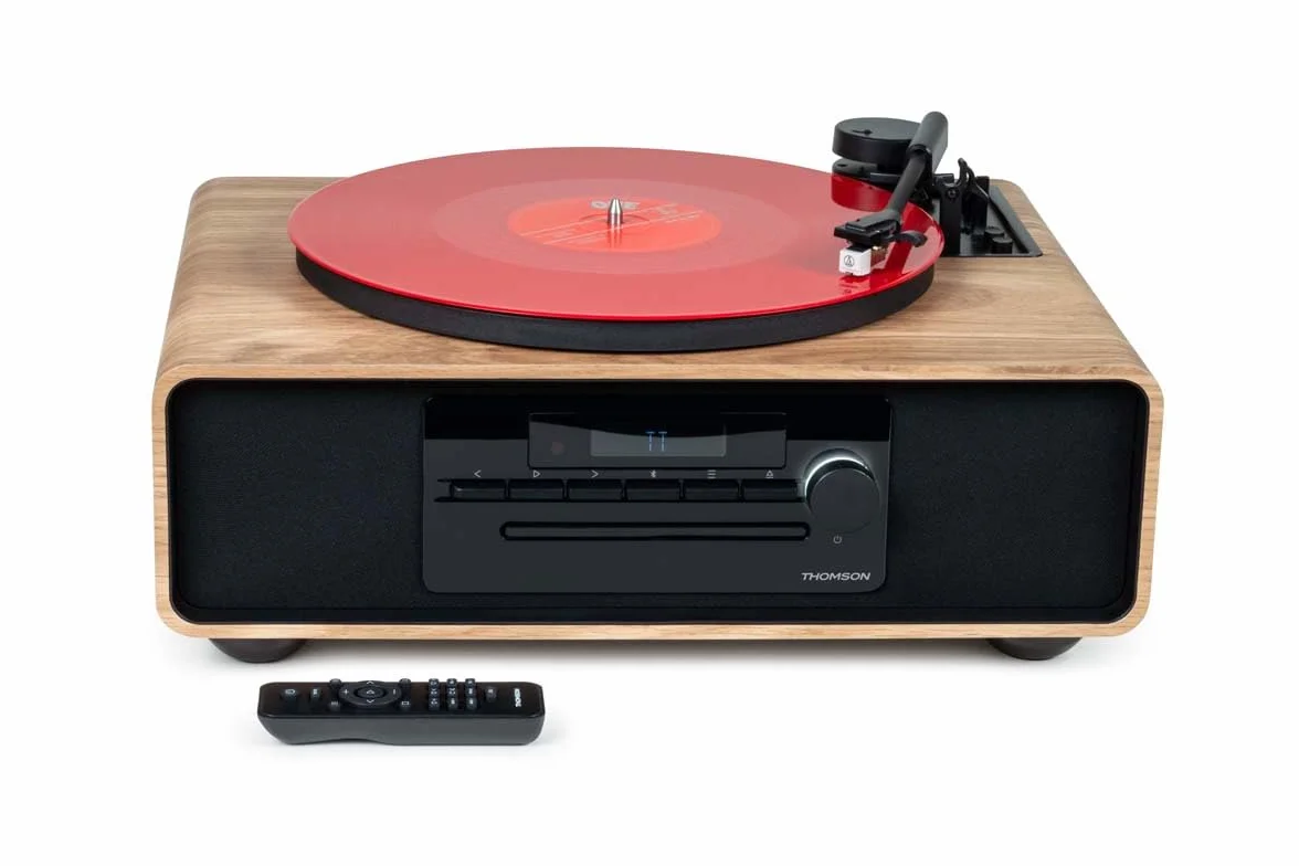 Microsistema Bluetooth con giradischi - THOMSON - Nero/Legno - Radio FM/CD/MP3/USB, 60W, Giradischi, Equalizzatore, Alimentazione 230V