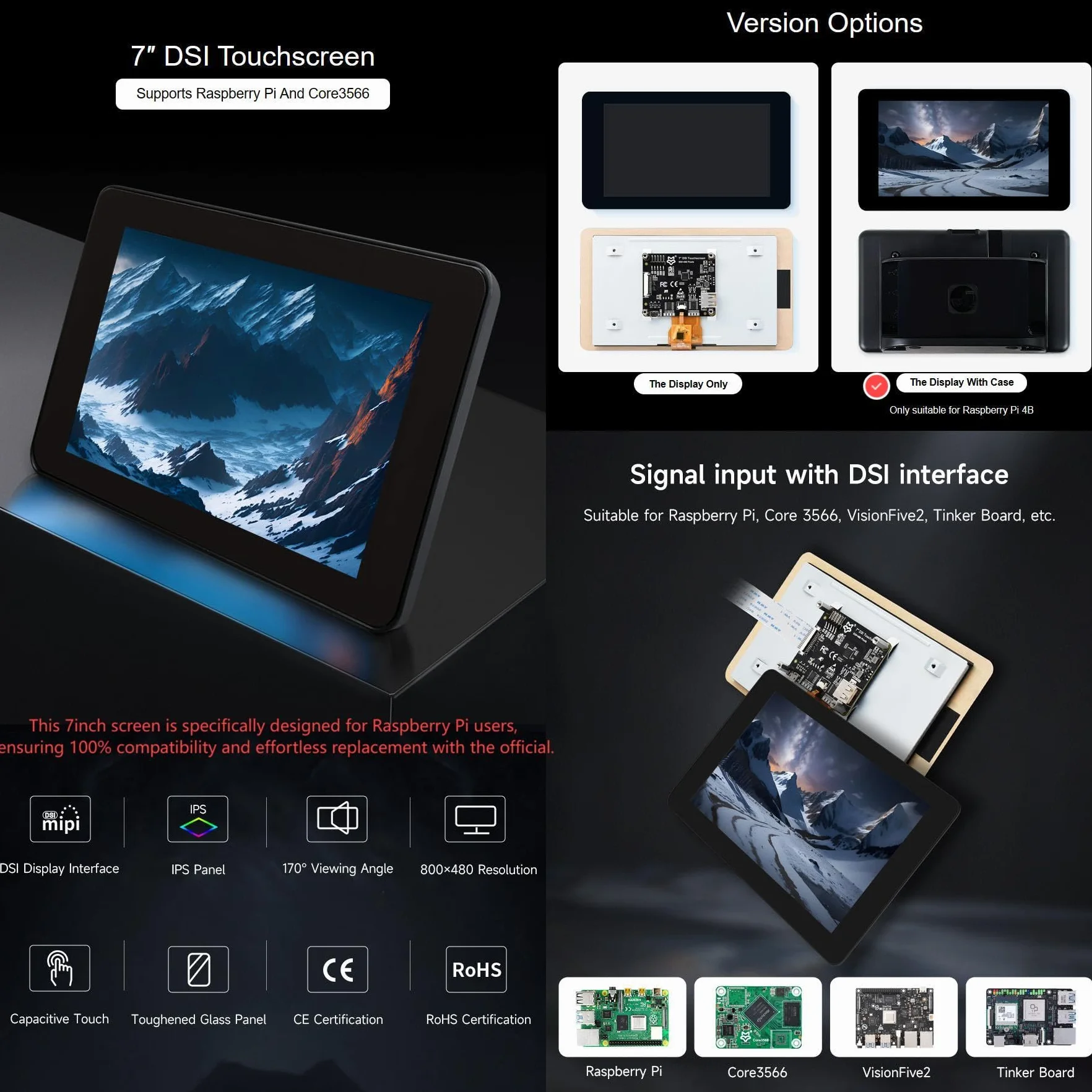 LUCKFOX DSI pojemnościowy 7-calowy ekran dotykowy z obudową do Raspberry Pi, wspiera drukowanie 3D do ekranu, rozdzielczość 800 x 480 pikseli, szeroki kąt widzenia 170°, IPS do Core3566
