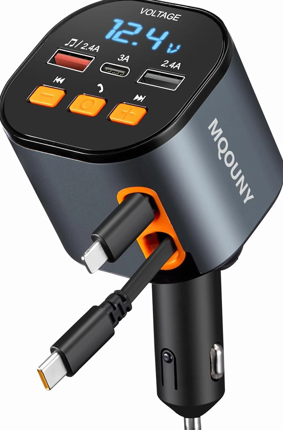 Wysuwana ładowarka samochodowa, szybka ładowarka do telefonu 5 w 1, szybka ładowarka do telefonu 90 W, adapter nadajnika FM Bluetooth 5.3, połączenia bez użycia rąk, 2 chowane kable i ładowarki USB do
