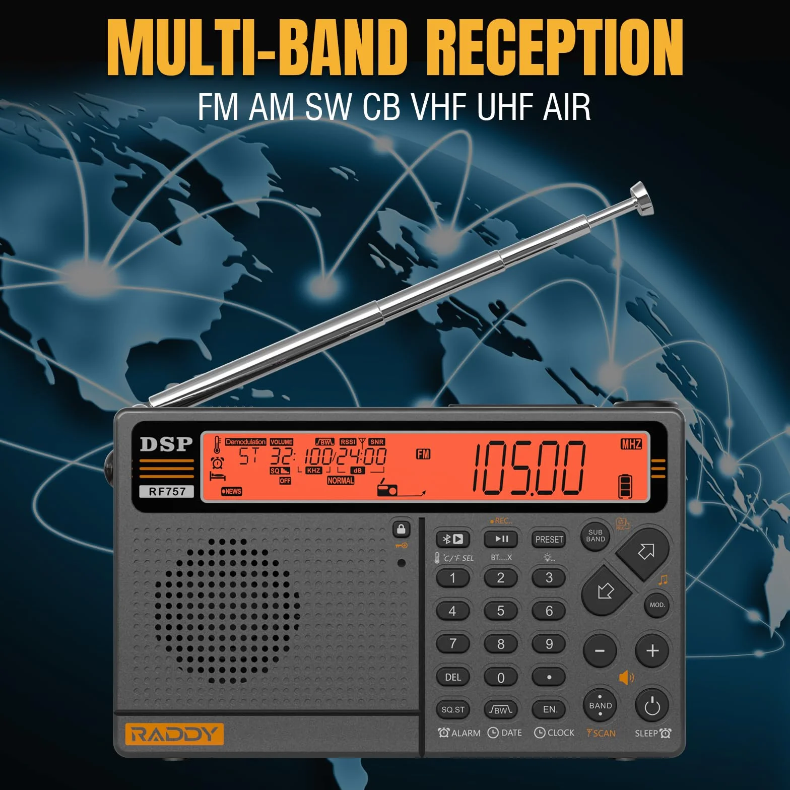 Raddy RF757 radio, sterowanie przez aplikację, radio krótkofalowe, przenośne radio z odbiorem AM/FM/SW/VHF/UHF/CB/AIR, bateria 2500 mAh, 1000 predefiniowanych stacji, słuchawki, przewodowa antena