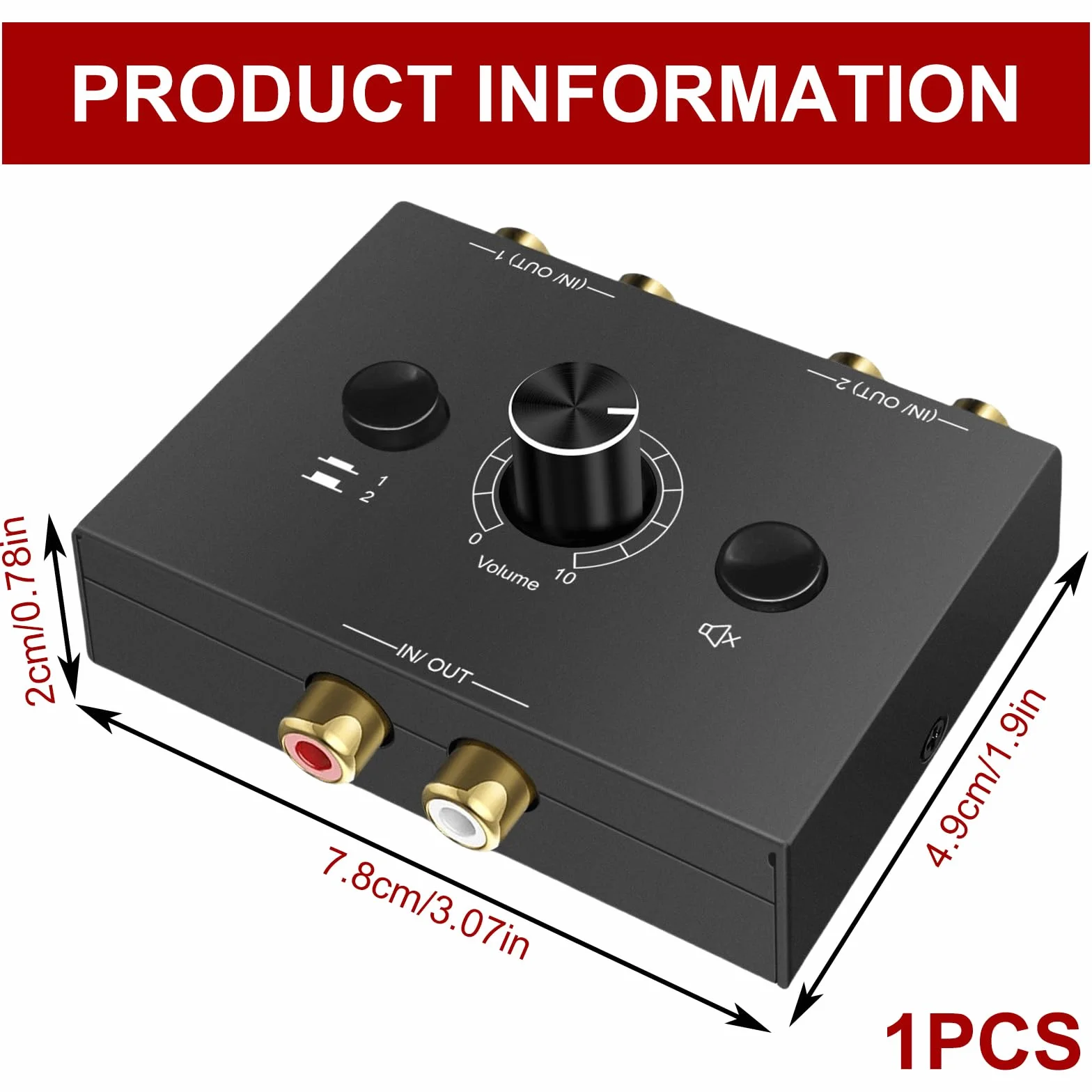 RCA Stereo Audio Switch 2(1)-IN-1(2)-OUT, R/L Regulacja Głośności, dwukierunkowy Aux Sound Selector Splitter Box do odtwarzacza CD, komputera, głośników