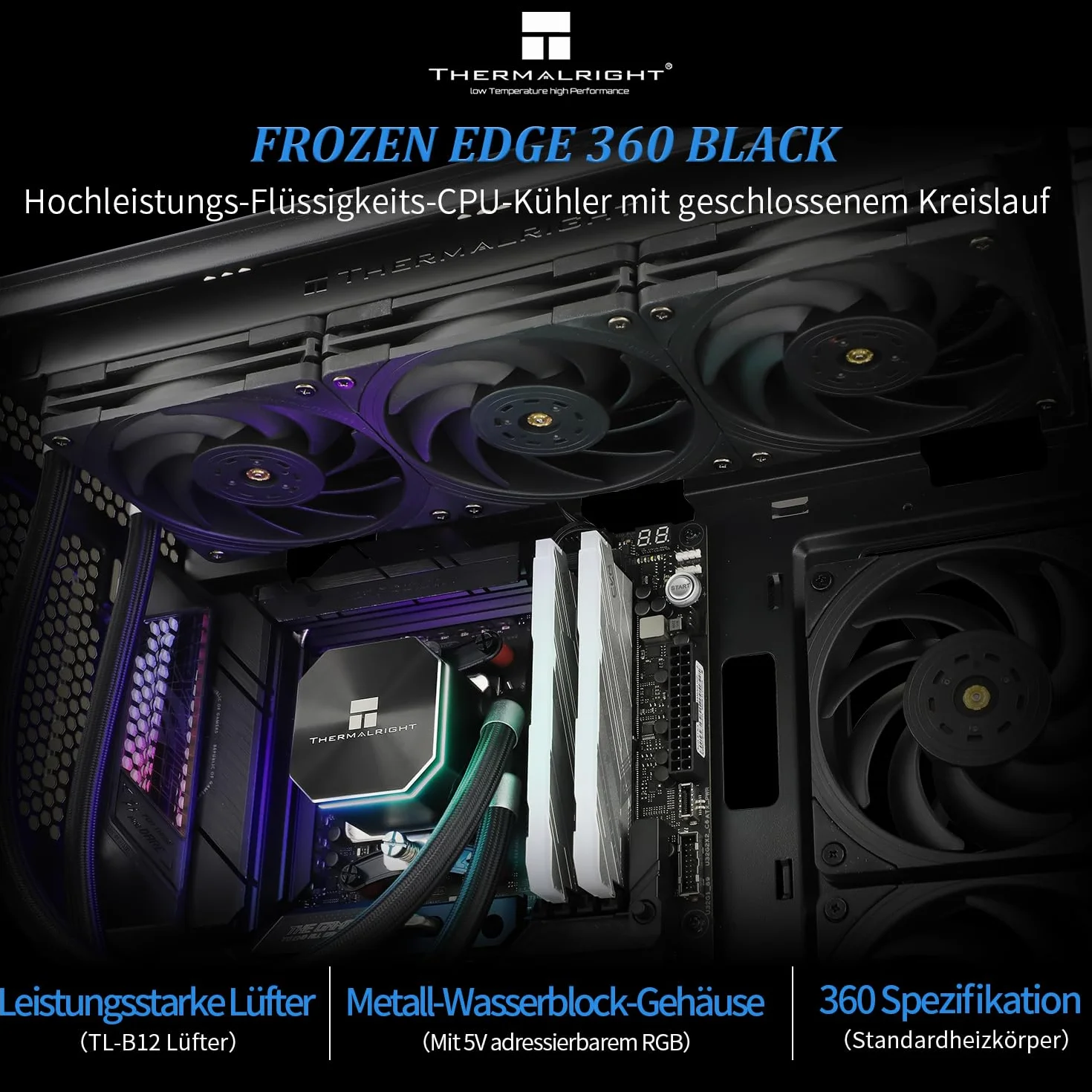 Thermalright Frozen Edge 360 Black, chłodzenie wodne CPU z wentylatorem PWM 120 mm, 360 mm AIO, zintegrowana chłodnica wodna dla AM4/AM5, Intel LGA1700/1851/1150/1151/1200