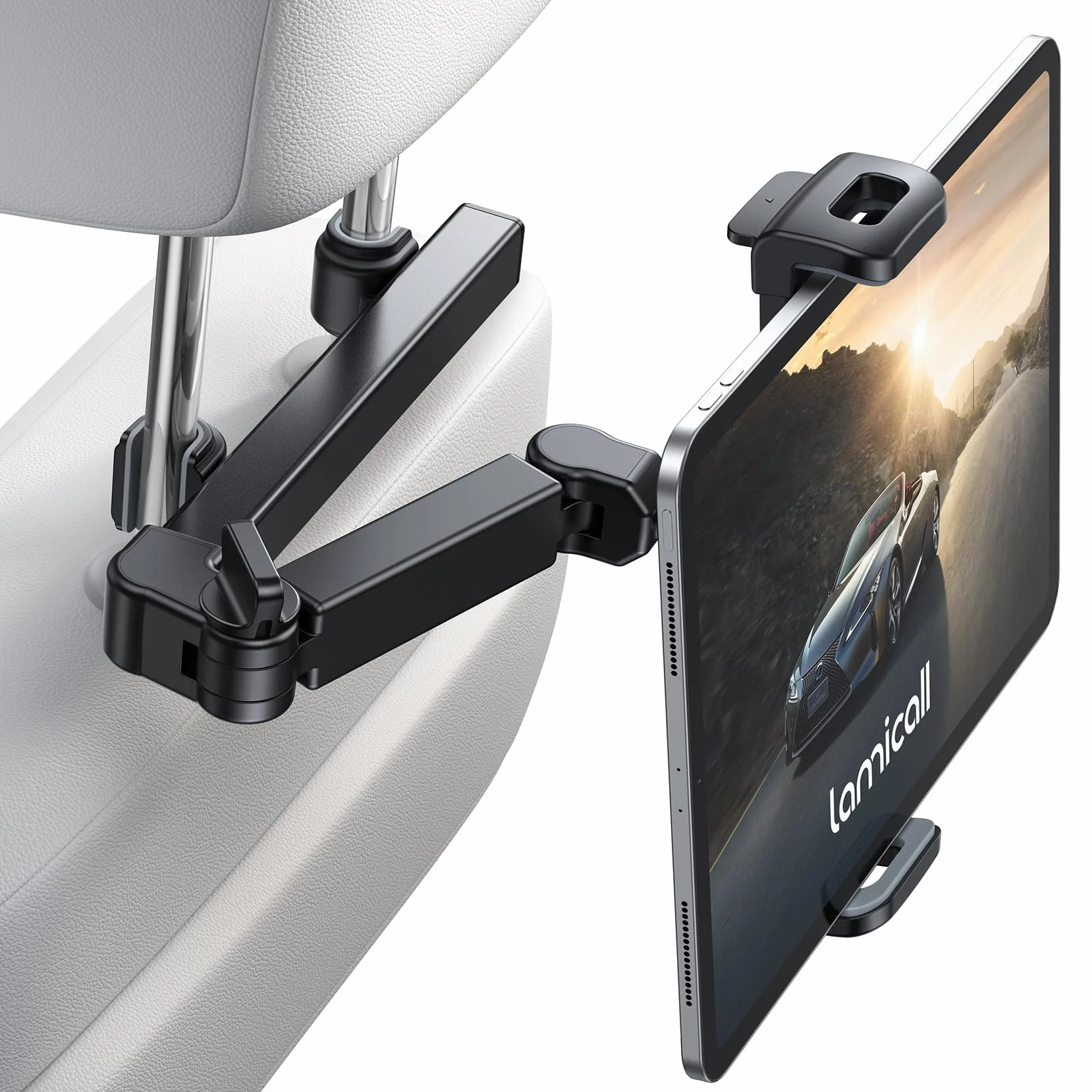 Lamicall Uchwyt na tablet do zagłówka samochodowego - [Aluminiowe ramię] 2025 Regulowany uchwyt na tablet samochodowy, obracany o 360° uchwyt na tylne siedzenie dla dzieci, do iPad Pro 13 2024, Air 6