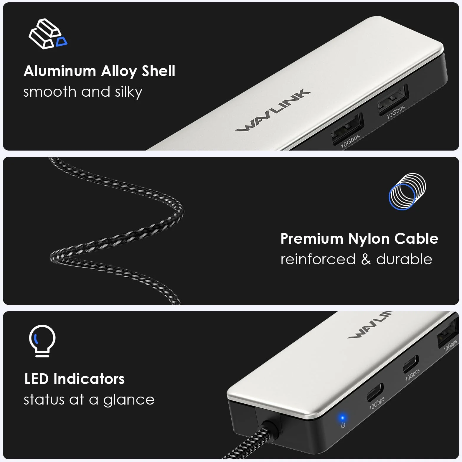 Hub USB C, koncentrator WAVLINK 10 Gb/s, 2 porty USB C 3.2, 2 porty USB A 3.2, kompatybilny z iMac/MacBook/Chromebook/Dell/HP/Lenovo (nie obsługuje ładowania/rozszerzania monitora)