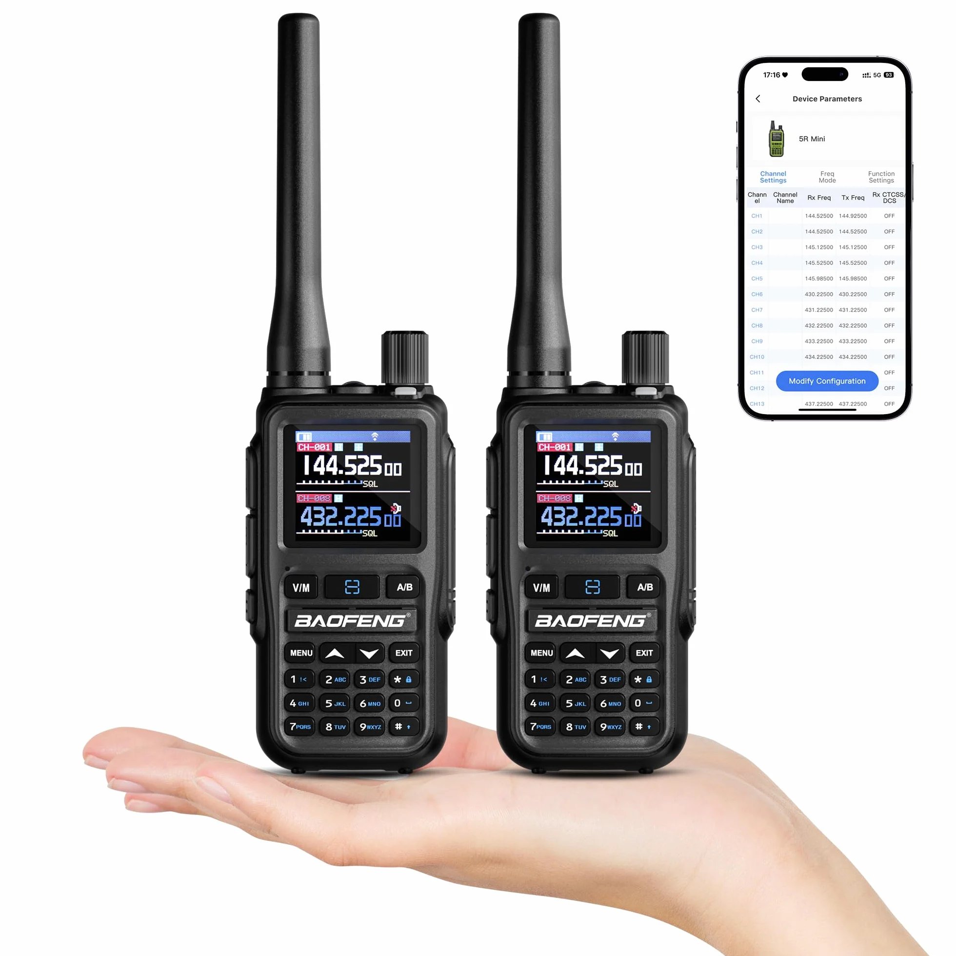 Baofeng GT-5R Mini 5W Radio przenośna dwupasmowa, Kompaktowy Walkie Talkie UHF VHF z programowaniem przez App BT, 999 kanałów, Podwójny PTT, Ładowanie USB-C, Odbiornik Airband/FM, Latarka, Zestaw 2 sz