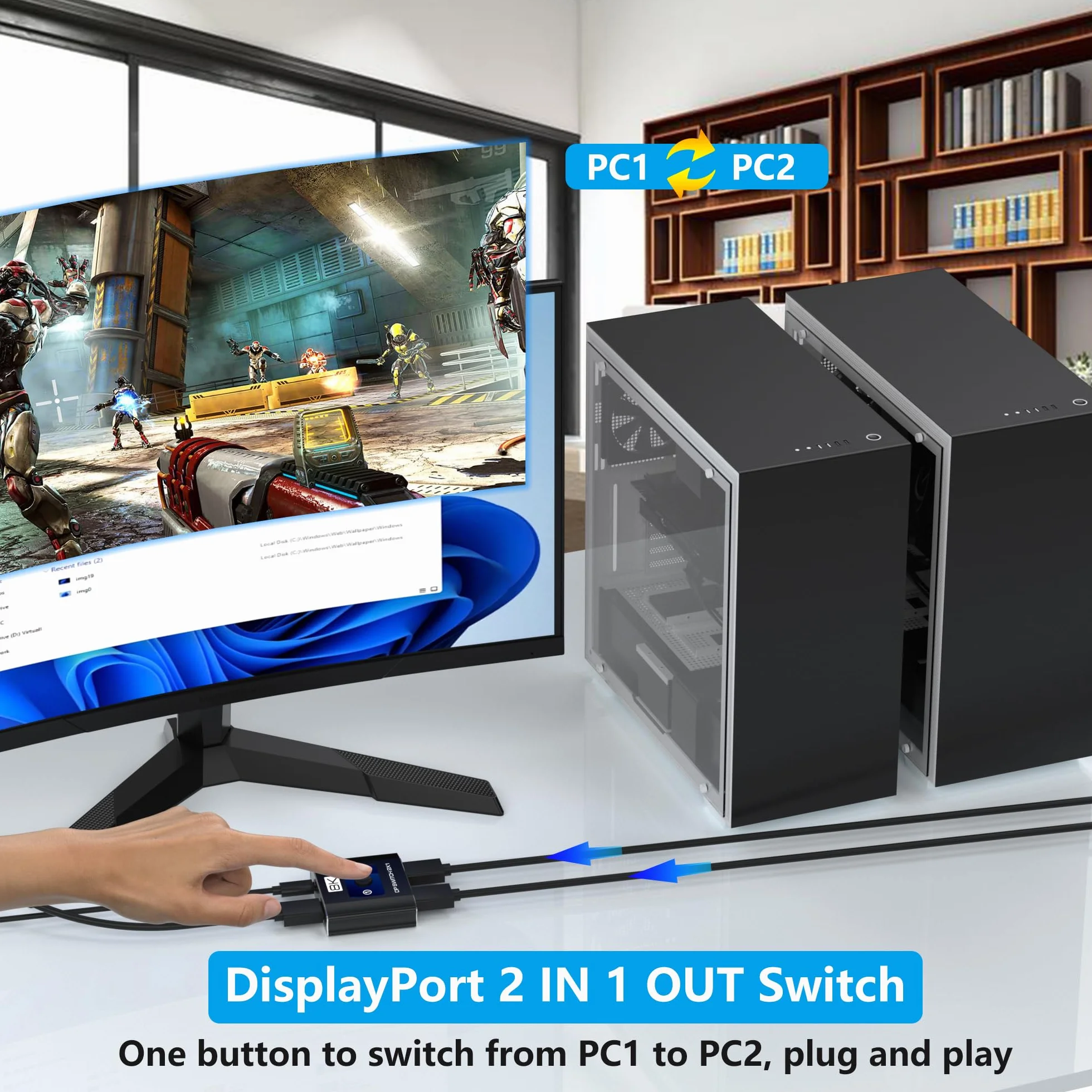 Przełącznik DisplayPort 2 w 1, przełącznik 8K przy 60 Hz DP 1.4 z obsługą DSC, 2 przełączniki komputerowe, jeden monitor, przełącznik portu wyświetlacza 4K przy 144 Hz do laptopów, komputerów