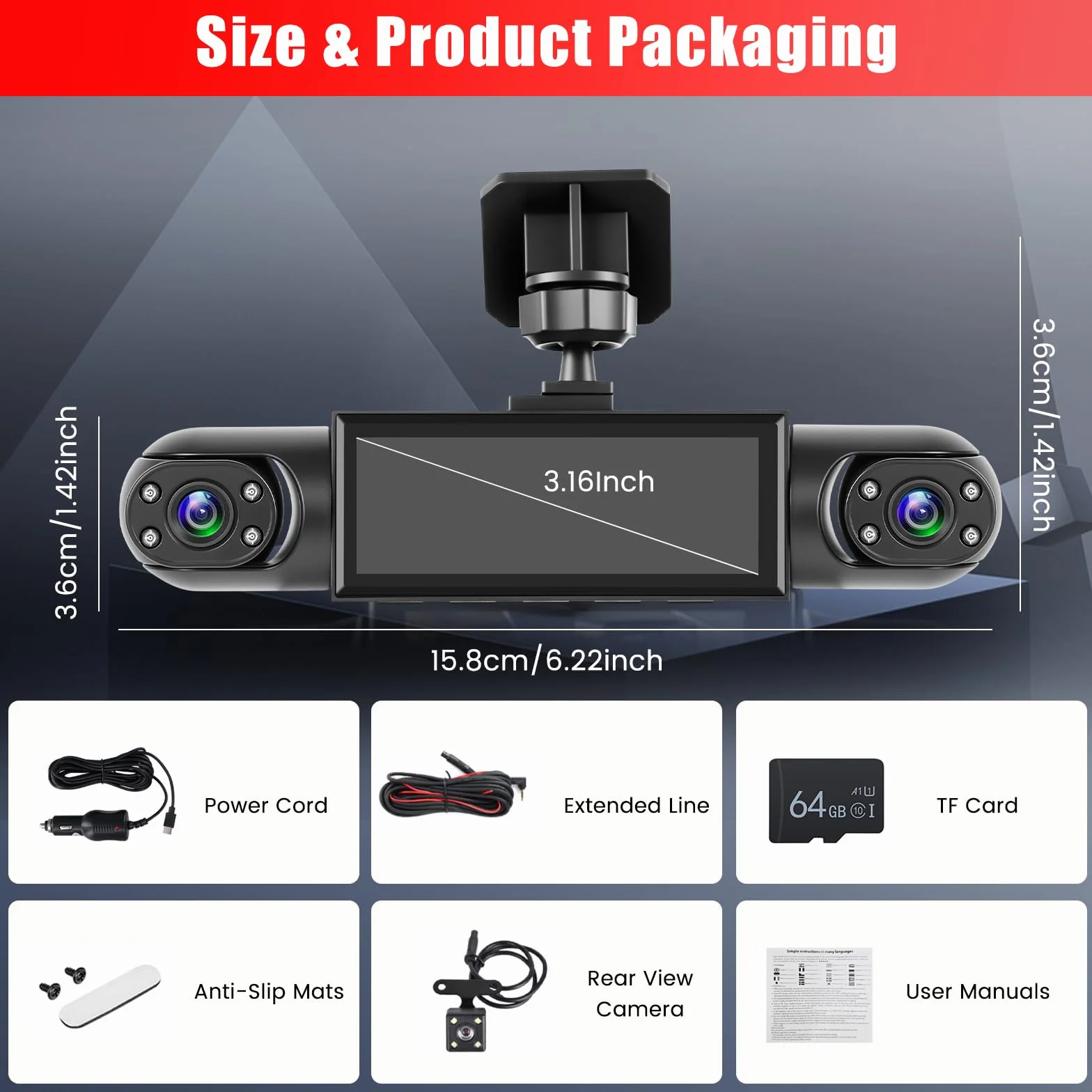 1080P Dash Cam 360 stopni 4 kanały, ekran 3,16 cala z 64 GB | Dashcam z kartą SD 64G, czujnik G, kamera cofania, tryb parkowania 24H, noktowizor, nagrywanie w pętli