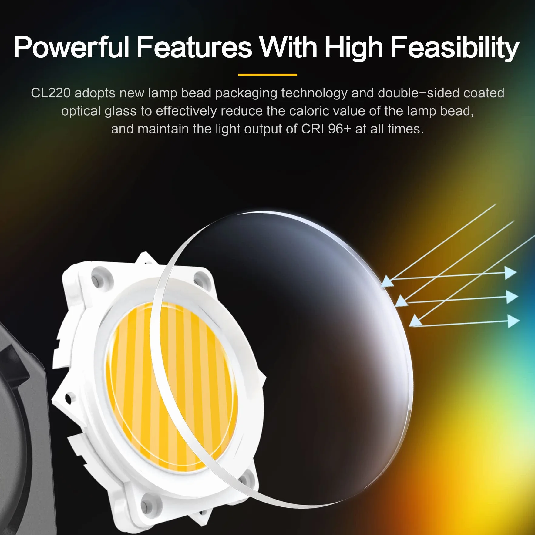 COLBOR CL220 Pro COB LED lampa wideo 220W 2700-6500K CRI96+ sterowanie aplikacją mocowanie Bowens wspierająca bezgłośną pracę i lekką wagę