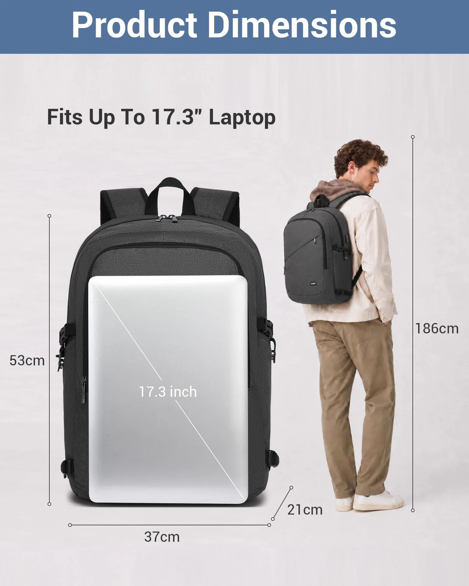 KONO Plecak na Laptop z Portem USB (Przepust na Kabel), Wodoodporny Plecak Męski Biznesowy, Plecak do Pracy i Podróży, 15,6/17,3 Cala